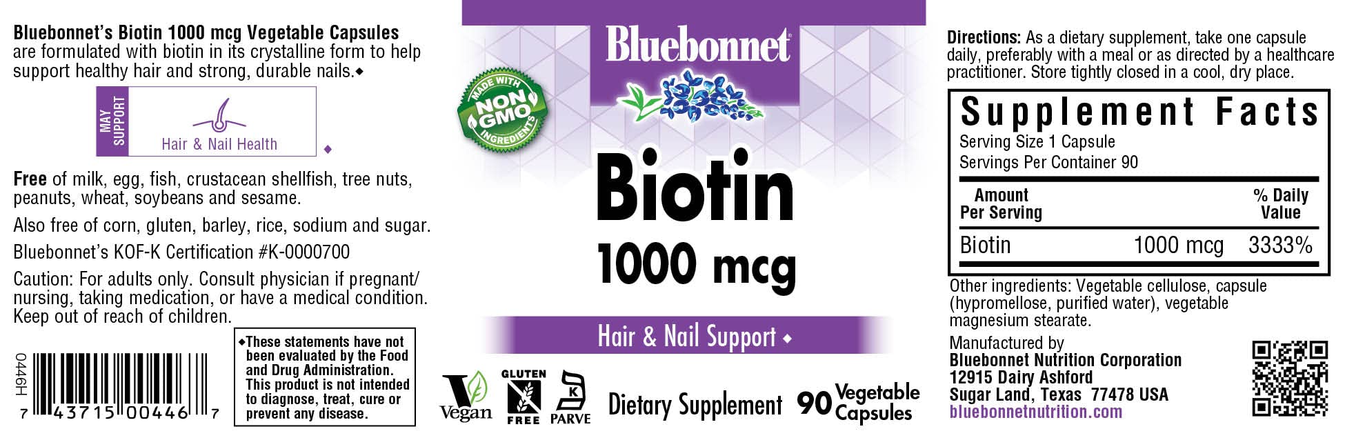 BlueBonnet Biotin 1000 mcg Vegetable Capsules packaging side view