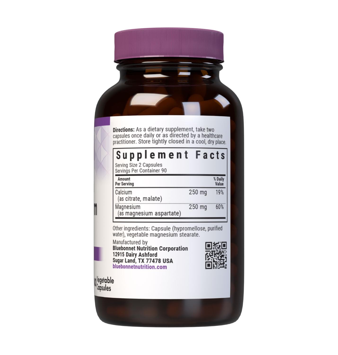 BlueBonnet Calcium & Magnesium Supplement 250mg side view showing capsule details