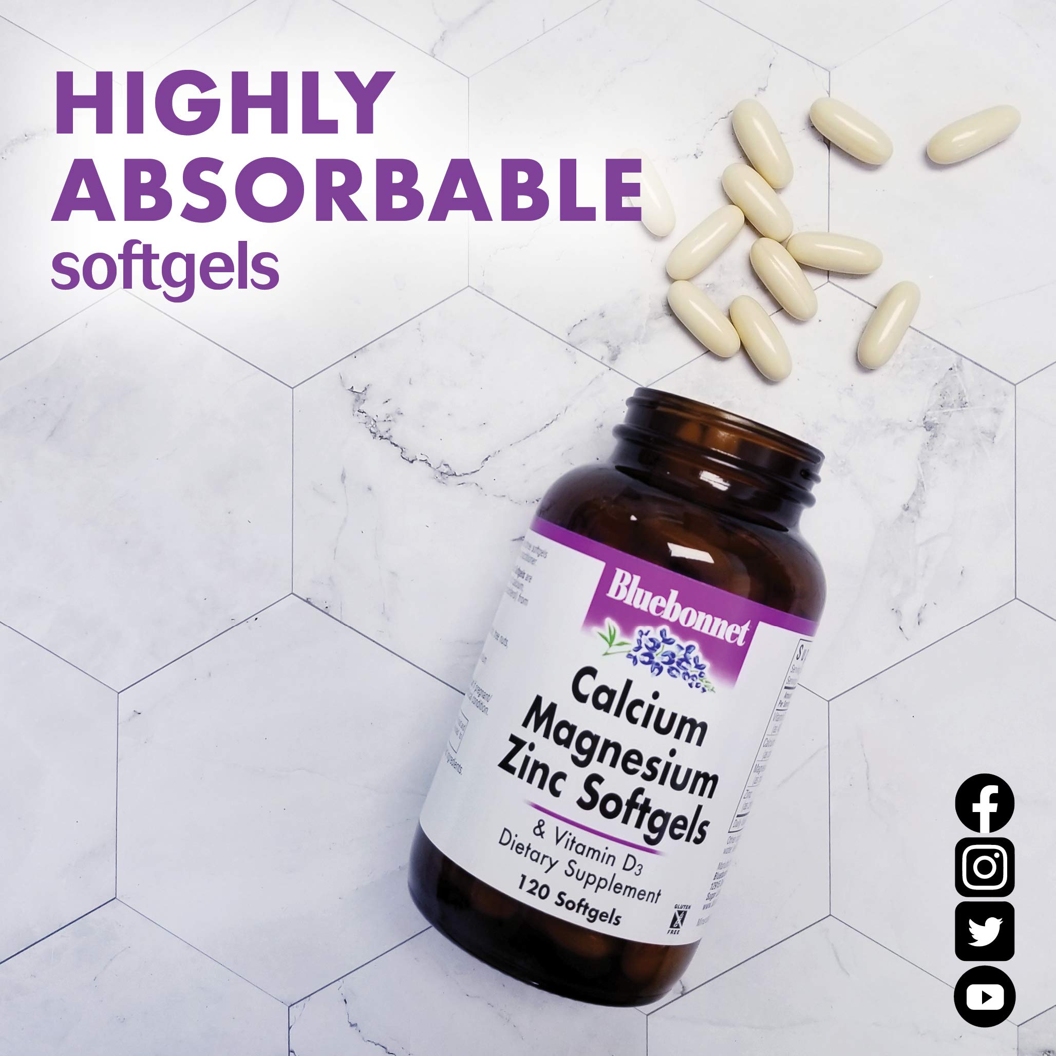 BlueBonnet Calcium Magnesium Zinc Plus Vitamin D3 softgels scattered on a table