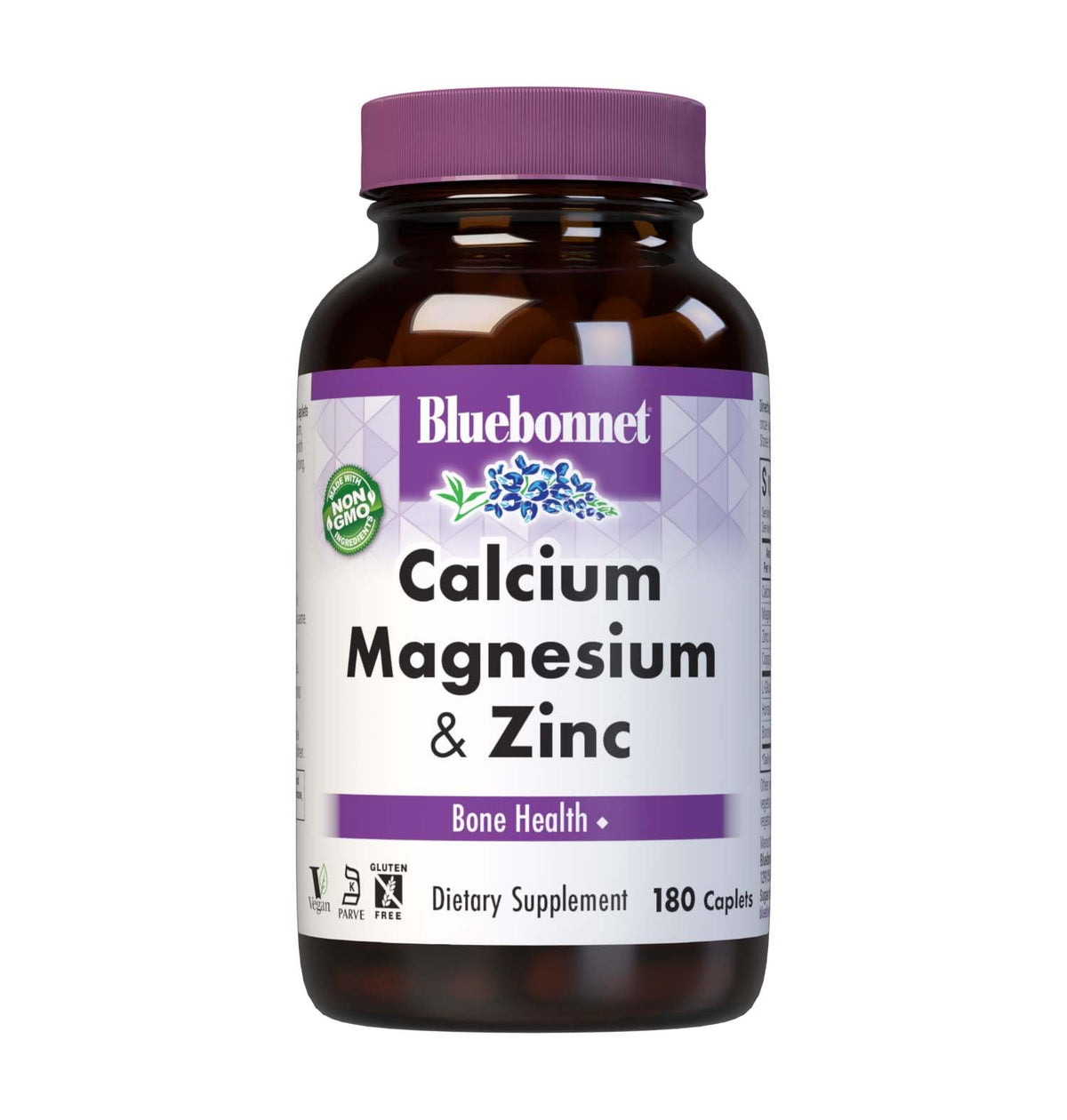 BlueBonnet Calcium Magnesium Zinc Supplement 180 Caplets front view