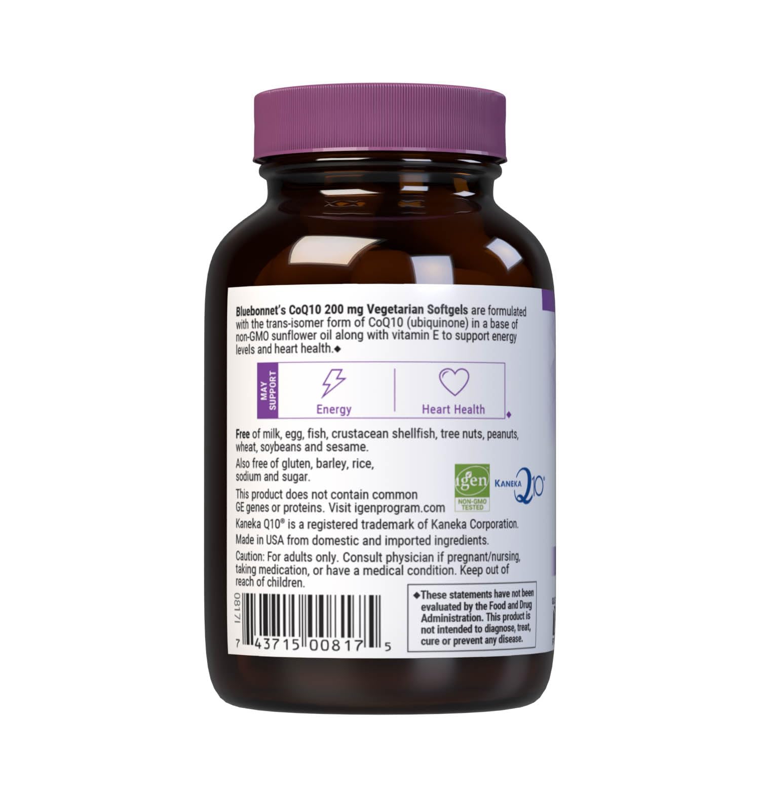 BlueBonnet CoQ10 200 mg Vegetarian Softgels back view