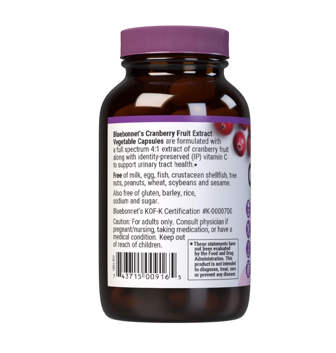 BlueBonnet Cranberry Fruit Extract 500mg ingredients list on packaging