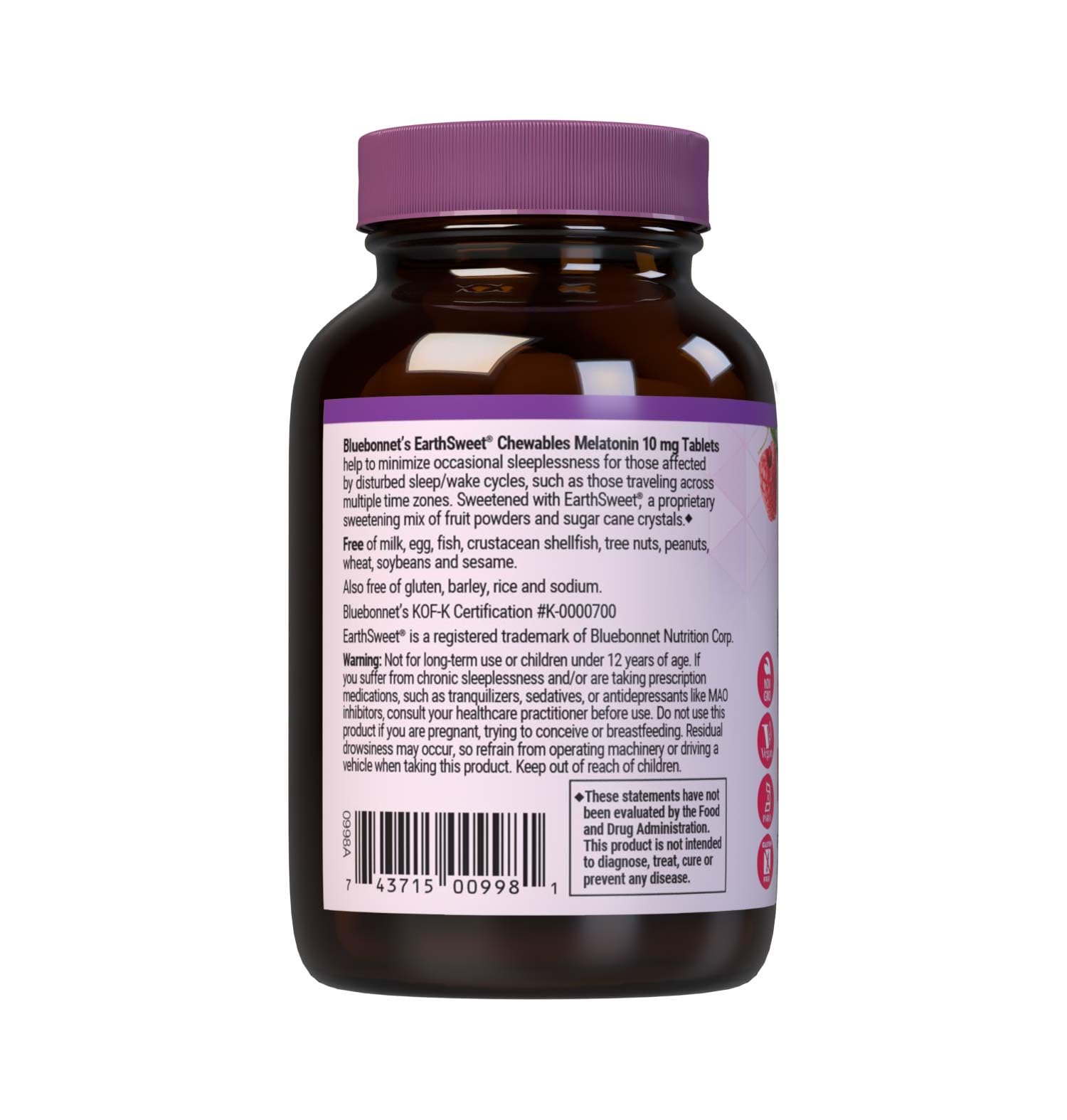BlueBonnet EarthSweet Melatonin 10 mg chewable tablets on a table
