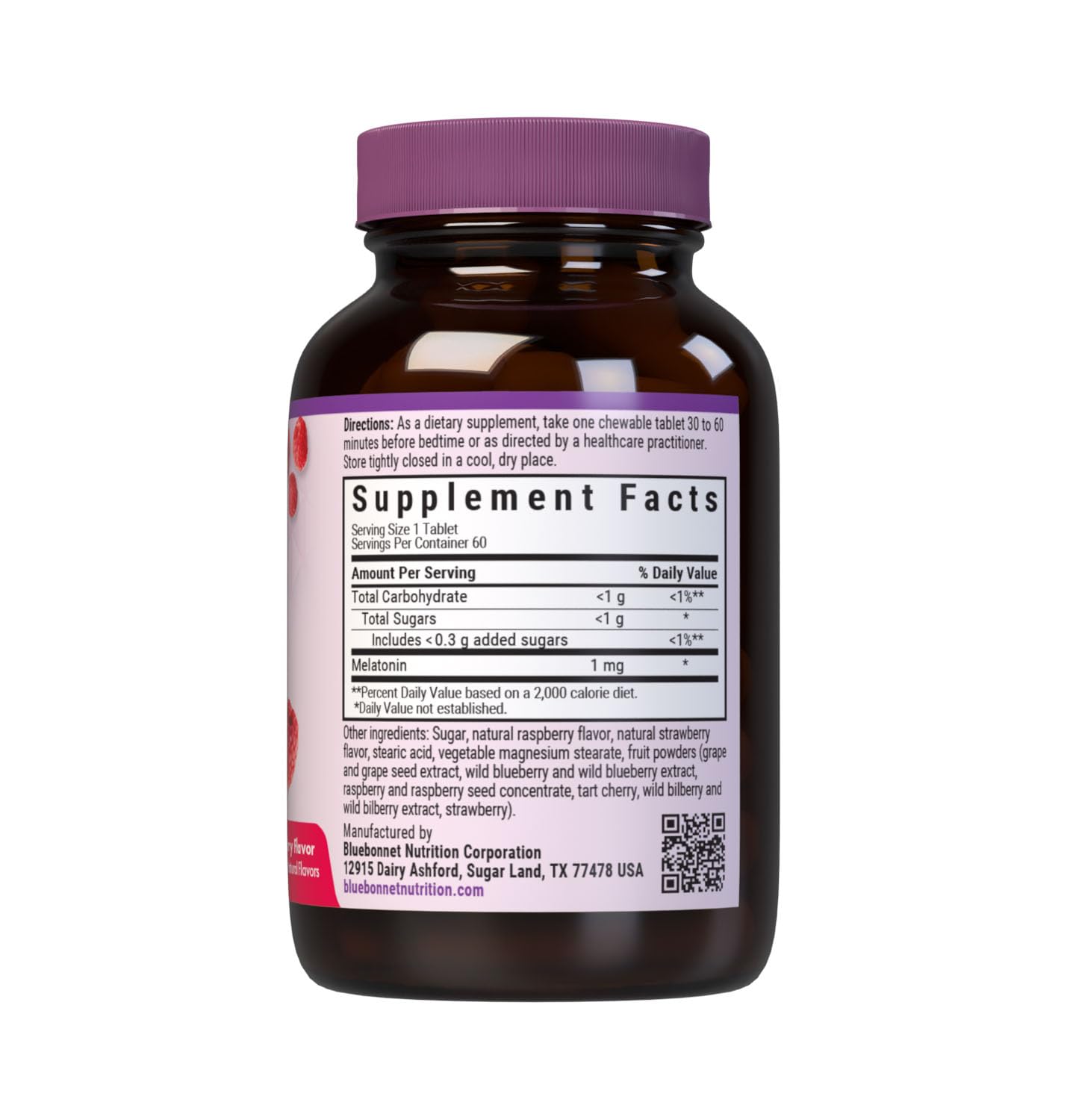 Bluebonnet EarthSweet Melatonin 1mg Chewable Tablets Raspberry back view