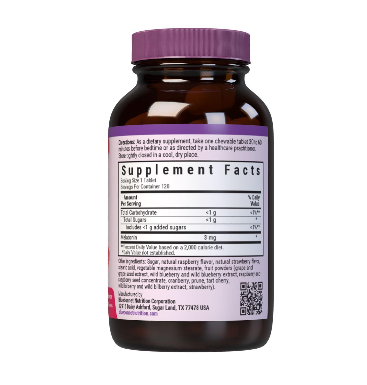BlueBonnet EarthSweet Melatonin 3 mg raspberry flavour chewable tablets