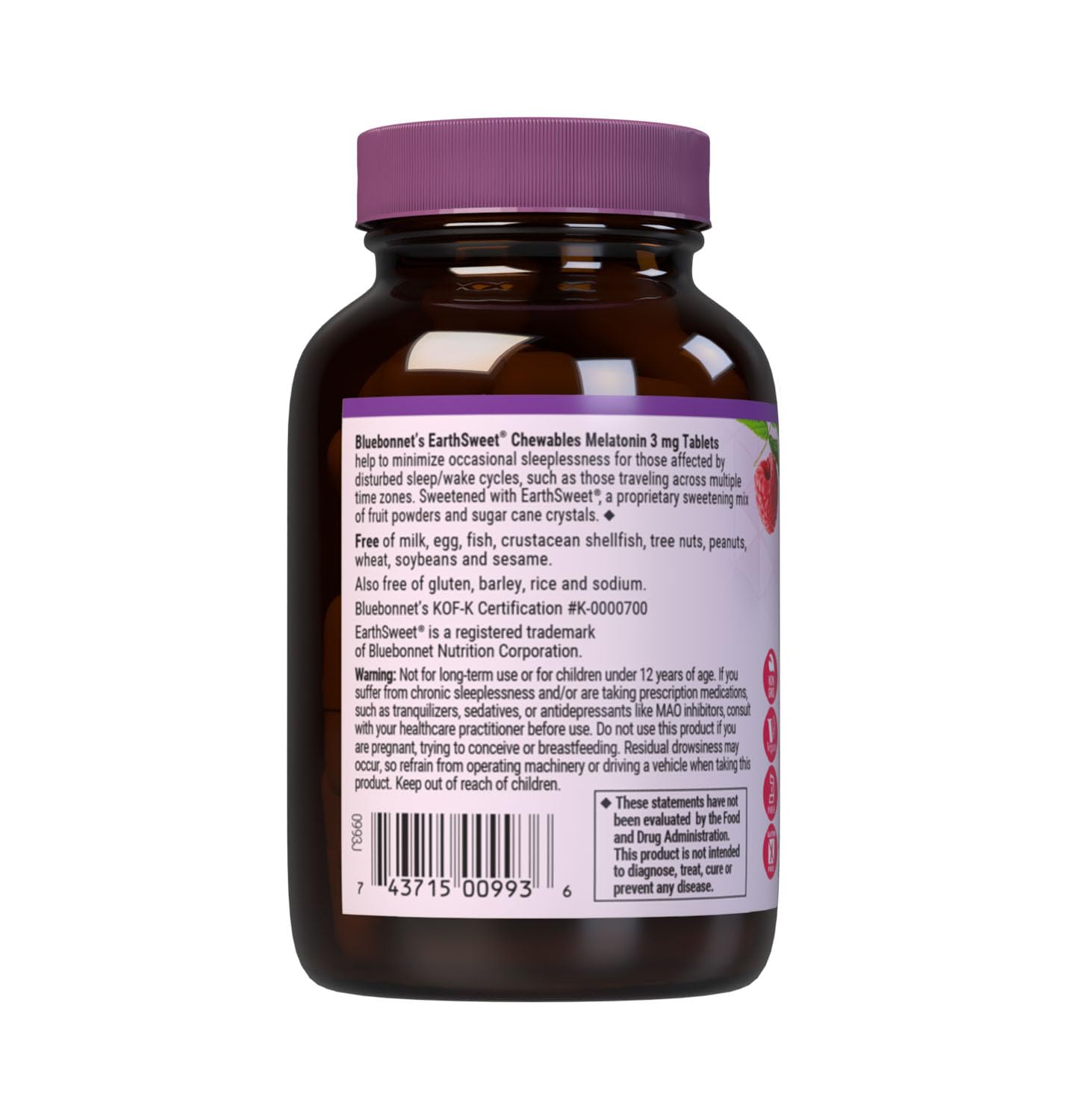 BlueBonnet EarthSweet Melatonin 3mg Chewable Tablets on a table