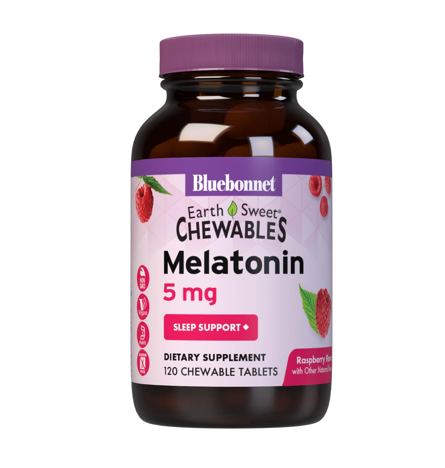 BlueBonnet EarthSweet Melatonin 5 mg Raspberry Chewable Tablets front view
