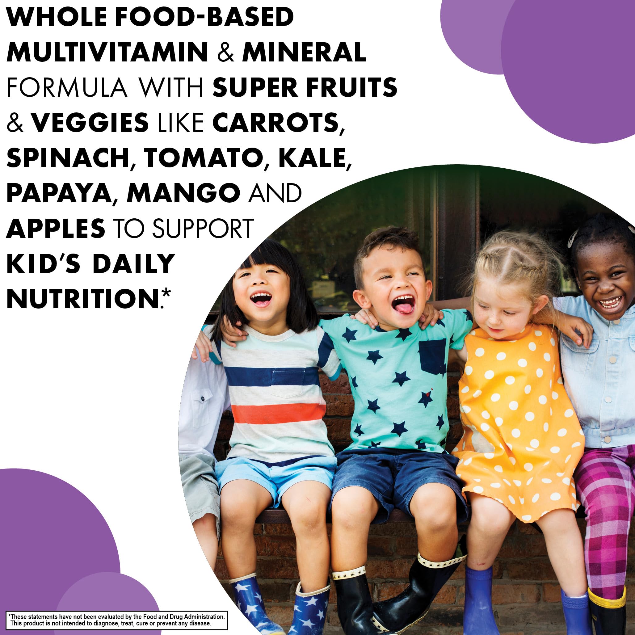 BlueBonnet Kids Multivitamin tablets displayed with fruits