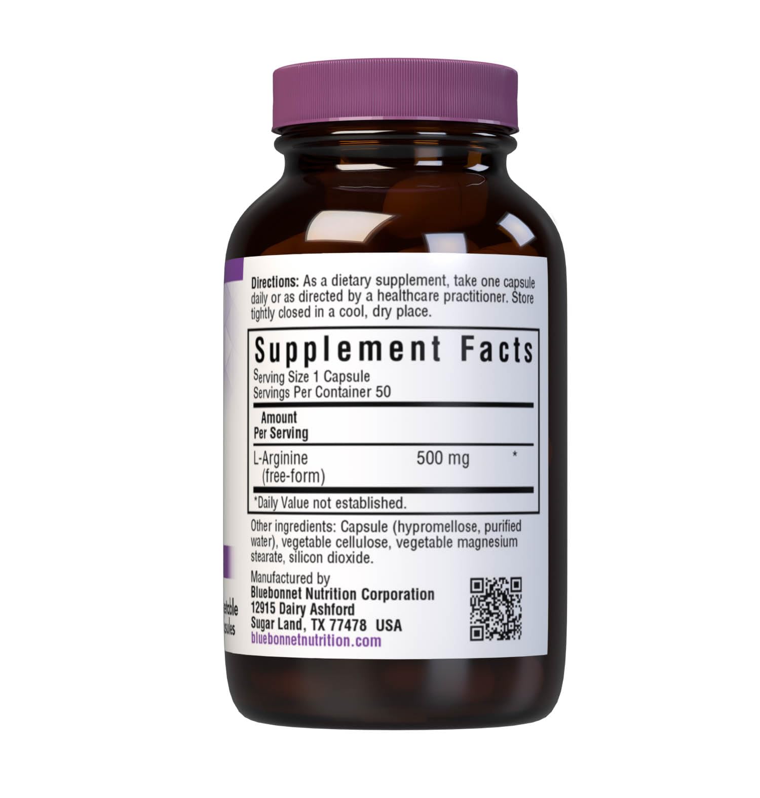 BlueBonnet L-Arginine 500 mg vegetable capsules side view