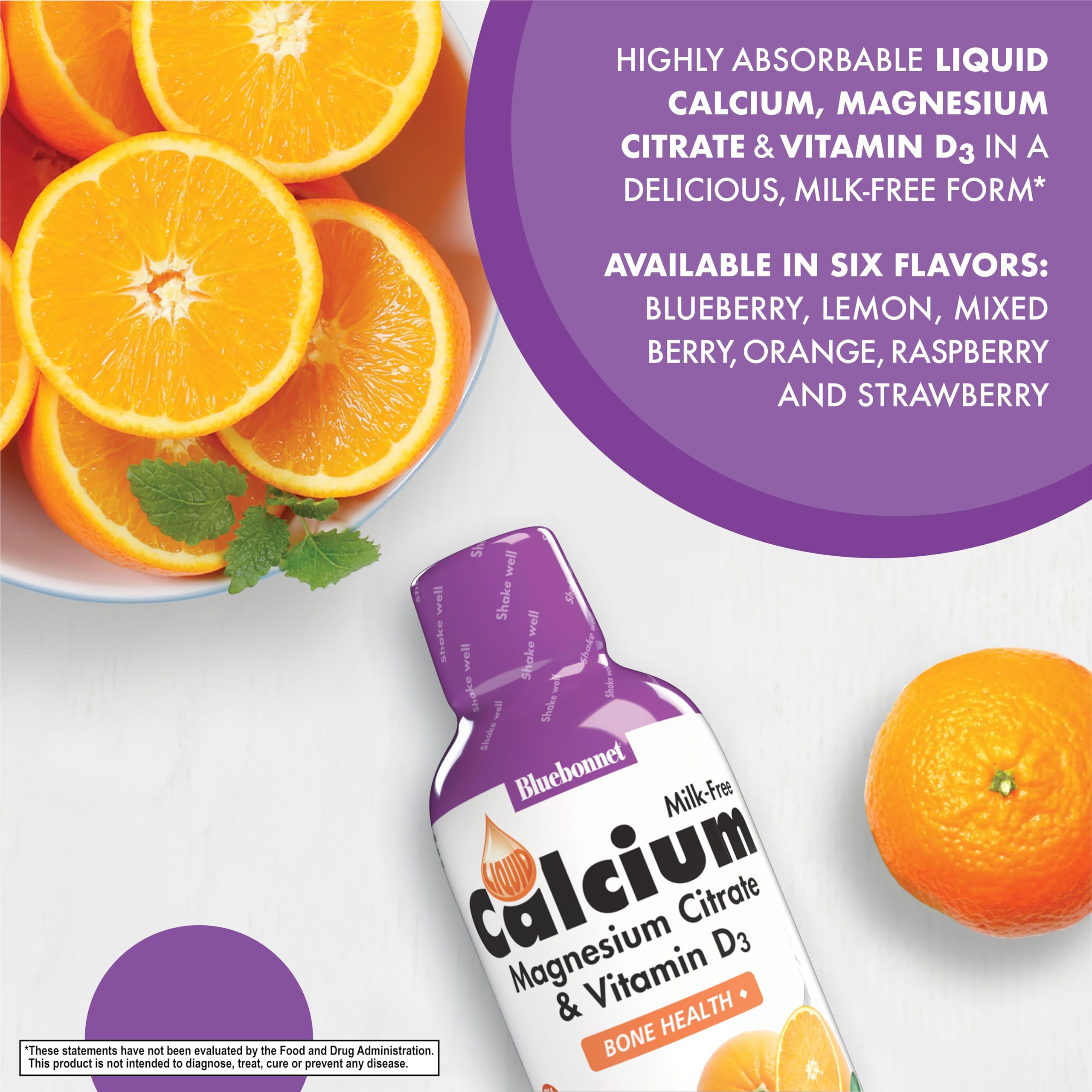 BlueBonnet Liquid Calcium Magnesium Citrate 16 fl oz side view showing dosage