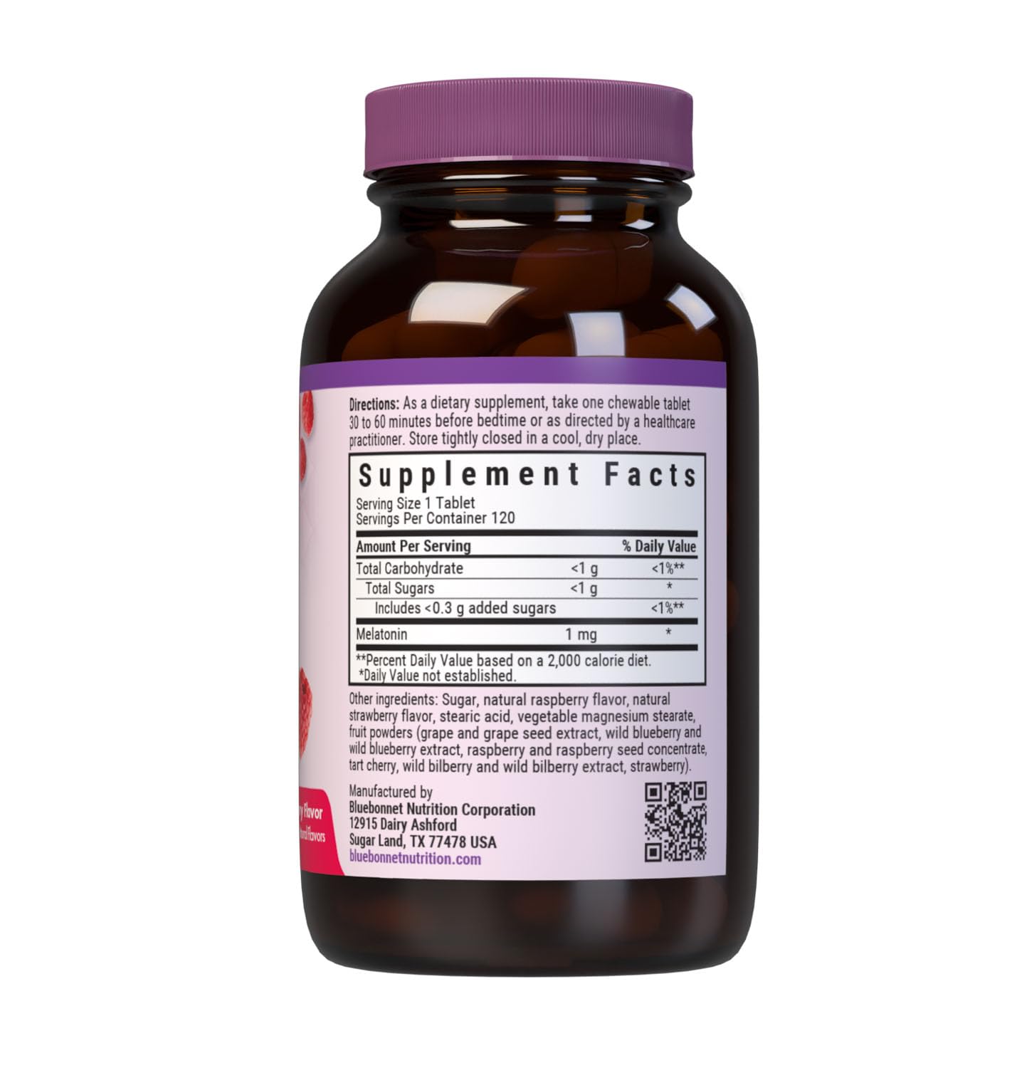 BlueBonnet Melatonin 1mg Raspberry Chewable Tablets bottle with label
