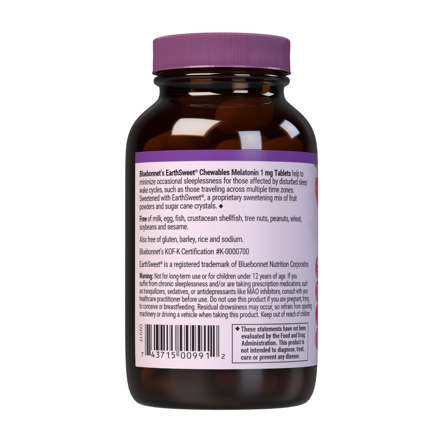 BlueBonnet Melatonin 1mg Raspberry Chewable Tablets with a measuring spoon