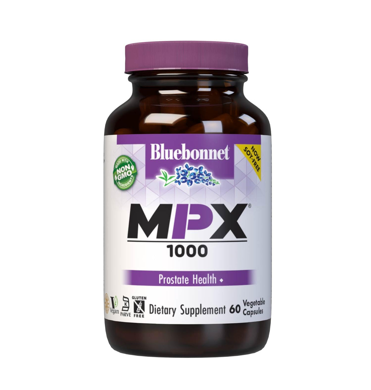 BlueBonnet Men's Prostate Support Supplement front view with amber glass bottle
