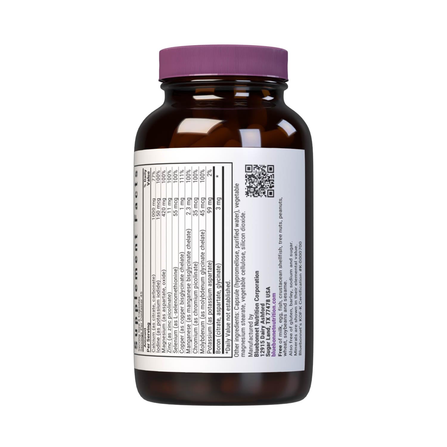 BlueBonnet Multimineral Supplement 180 vegetable capsules with nutritional information