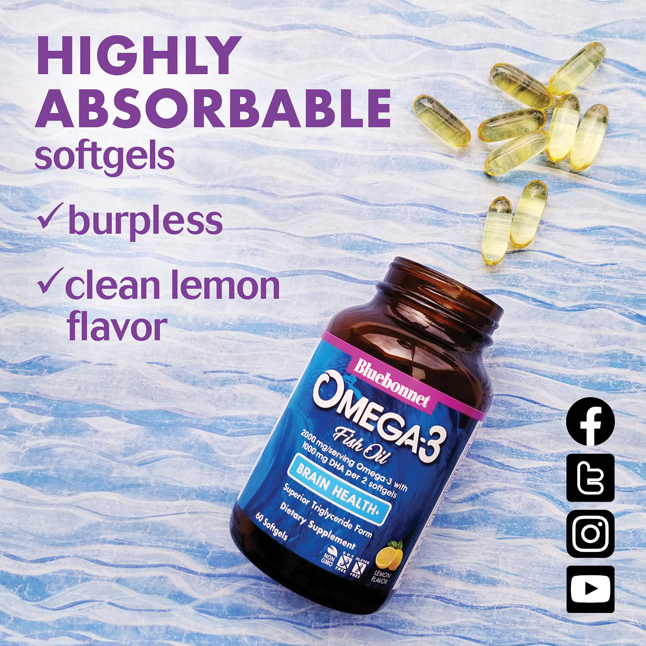 BlueBonnet Omega-3 Fish Oil Brain Health Softgels side view