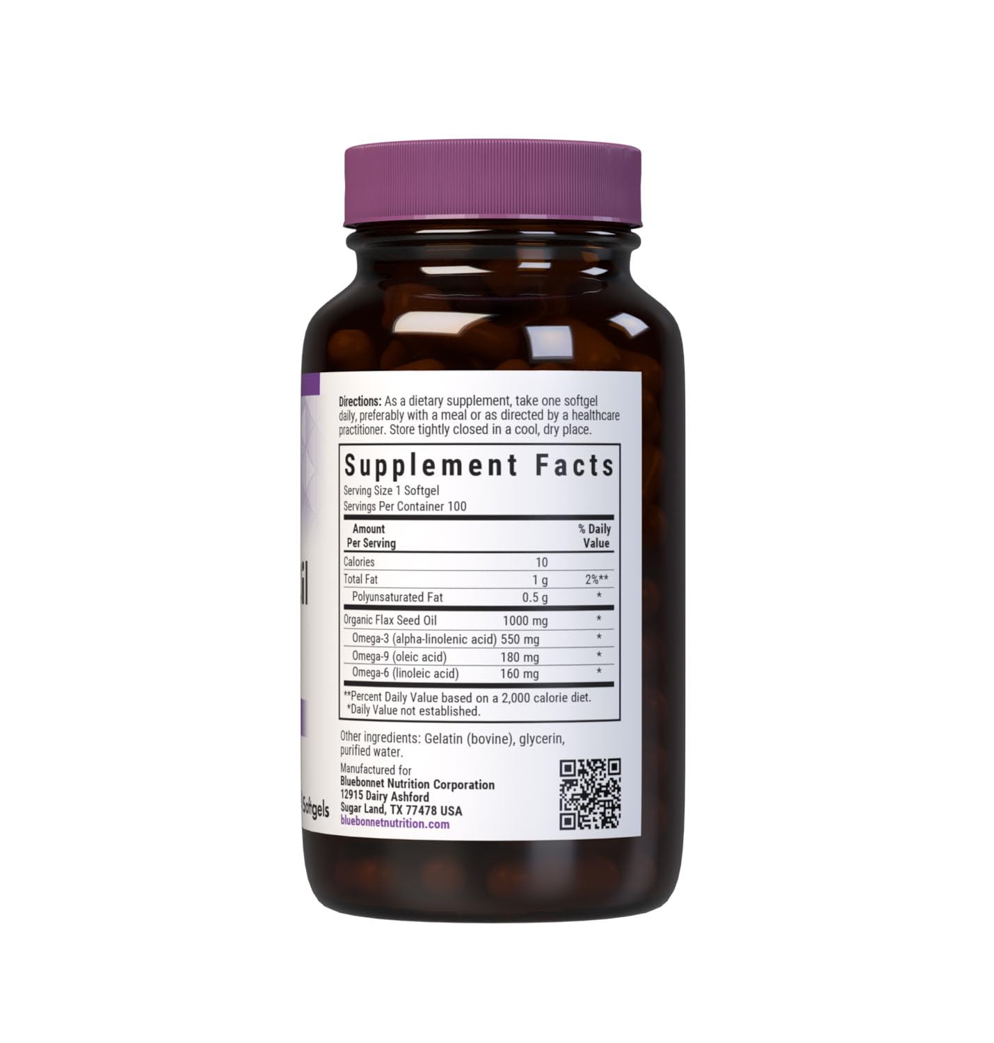 BlueBonnet Organic Flax Seed Oil Softgels bottle side view