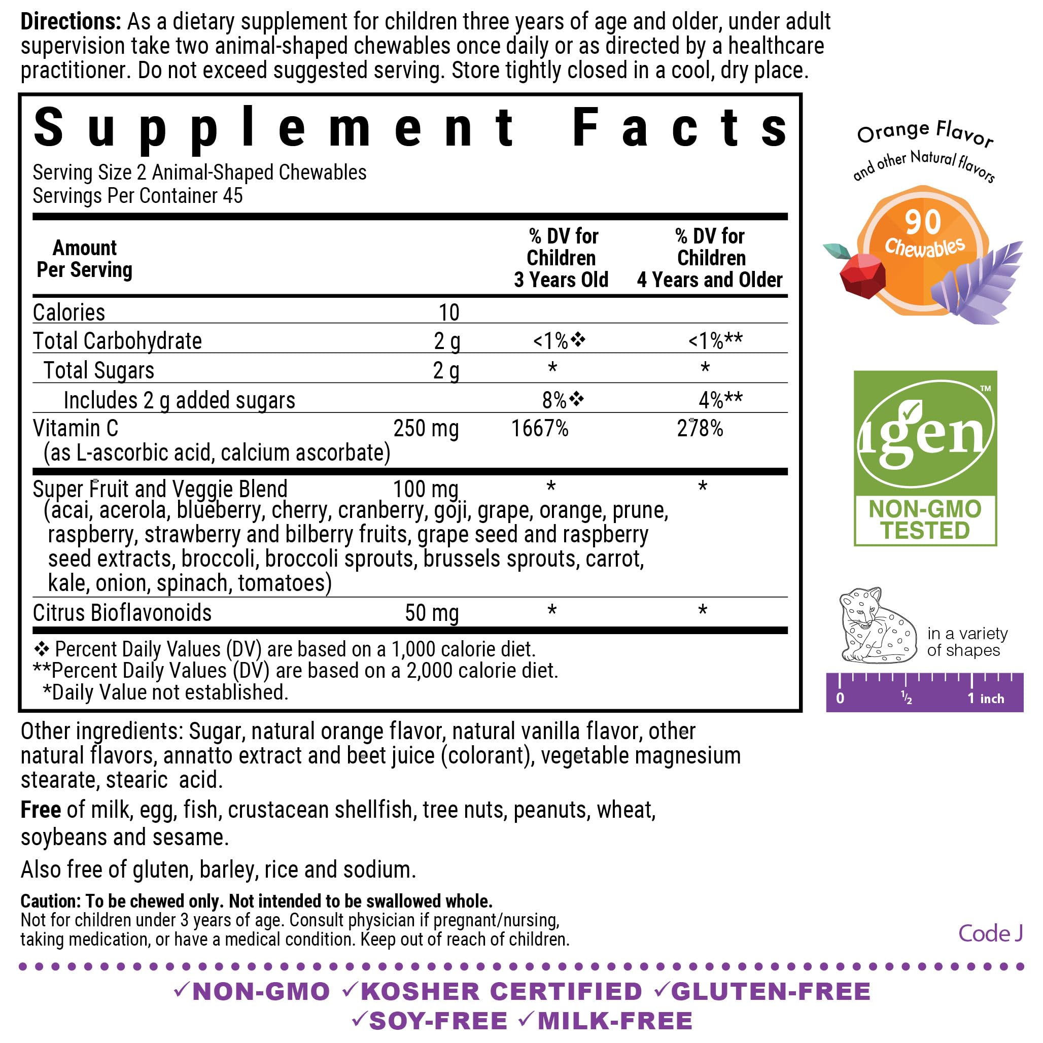 BlueBonnet Rainforest Animalz Vitamin C 250mg chewable tablets close-up