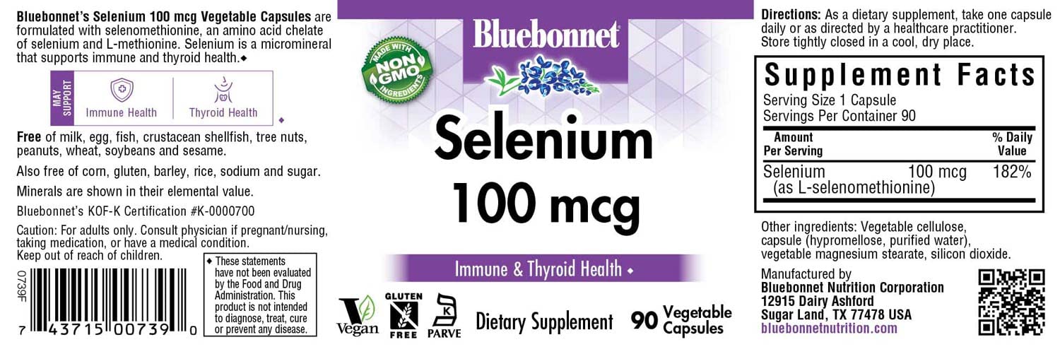 BlueBonnet Selenium 100 mcg capsules on a wooden table