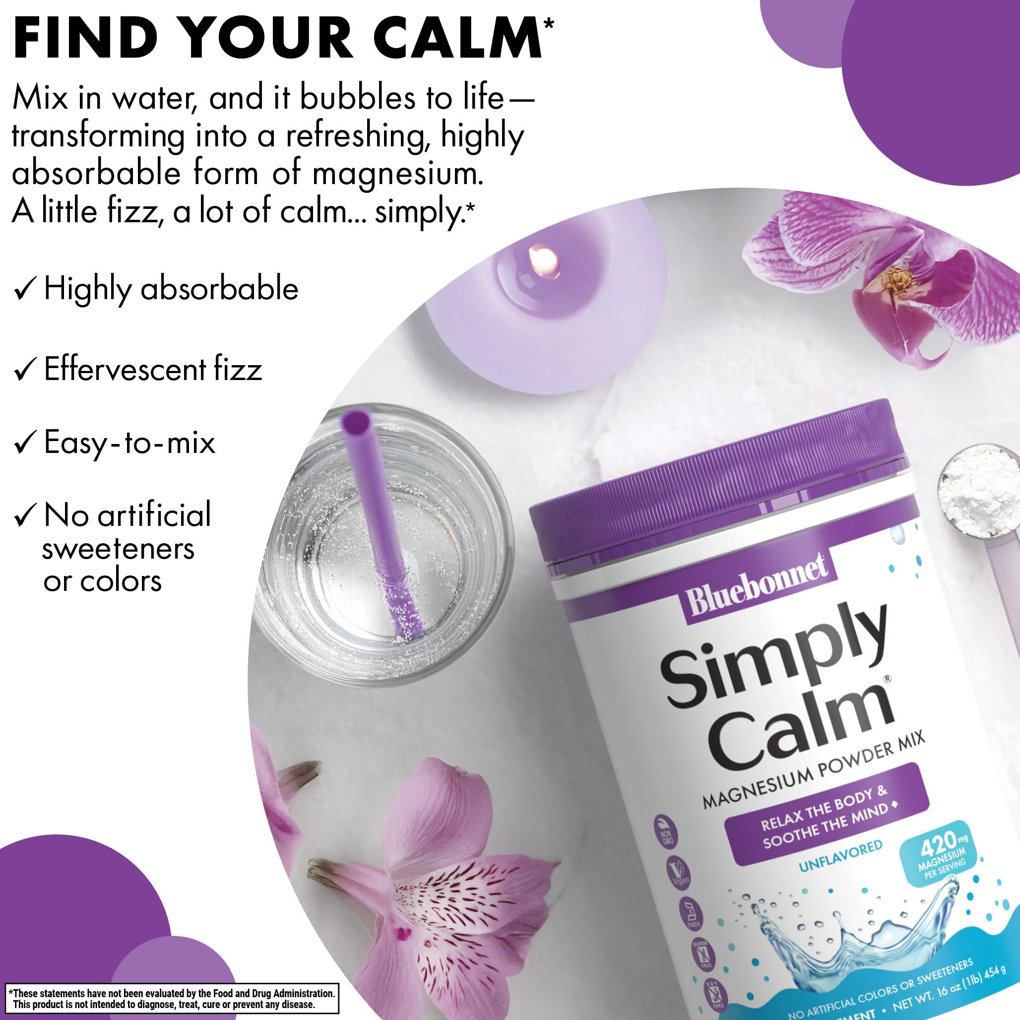 BlueBonnet Simply Calm Magnesium Powder 16 oz with a scoop