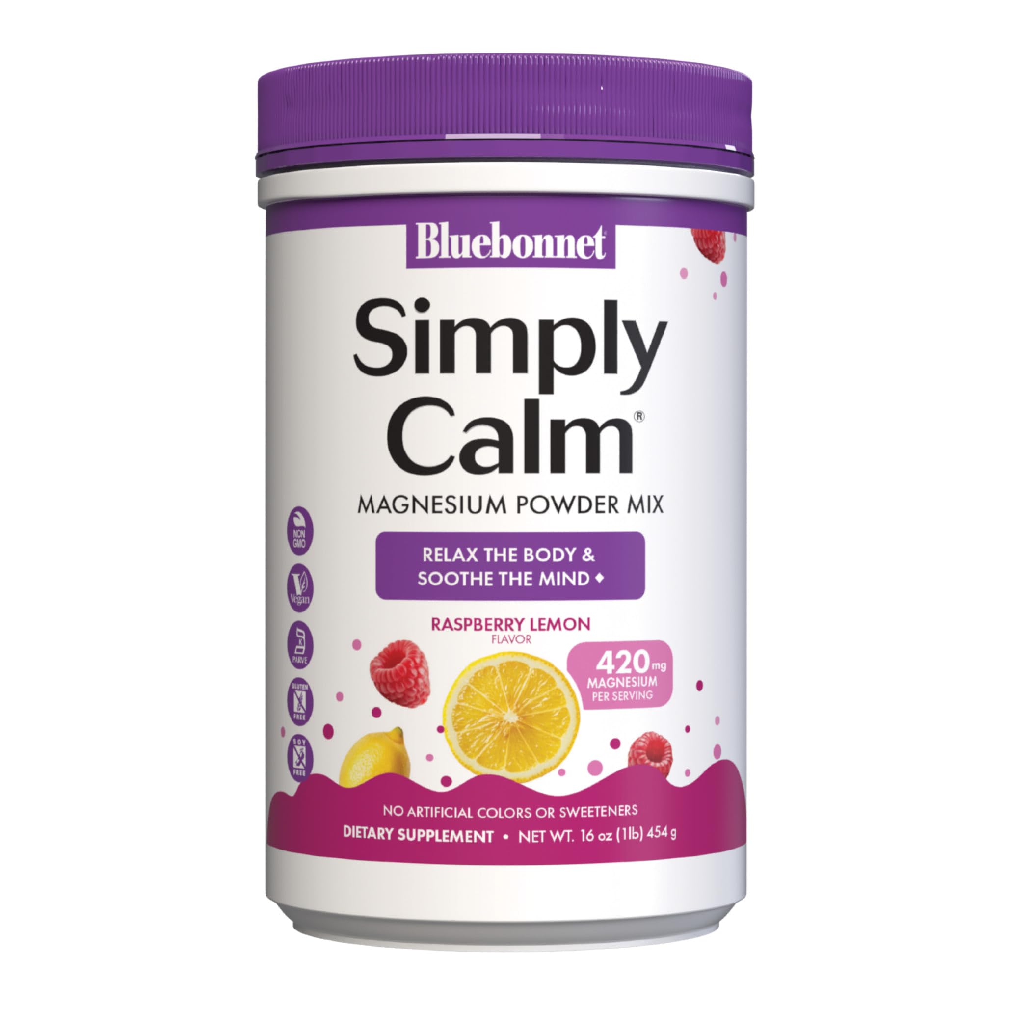 BlueBonnet Simply Calm Powder 16 oz Raspberry Lemon flavour front view