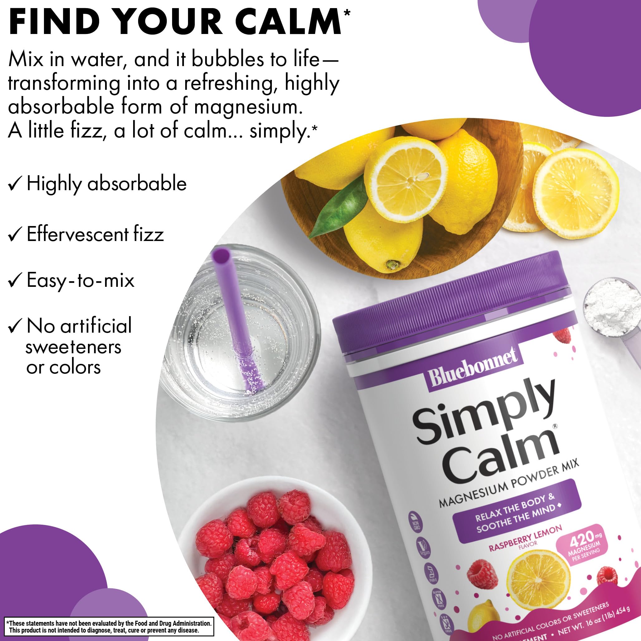 BlueBonnet Simply Calm Powder 16 oz Raspberry Lemon flavour ingredients list