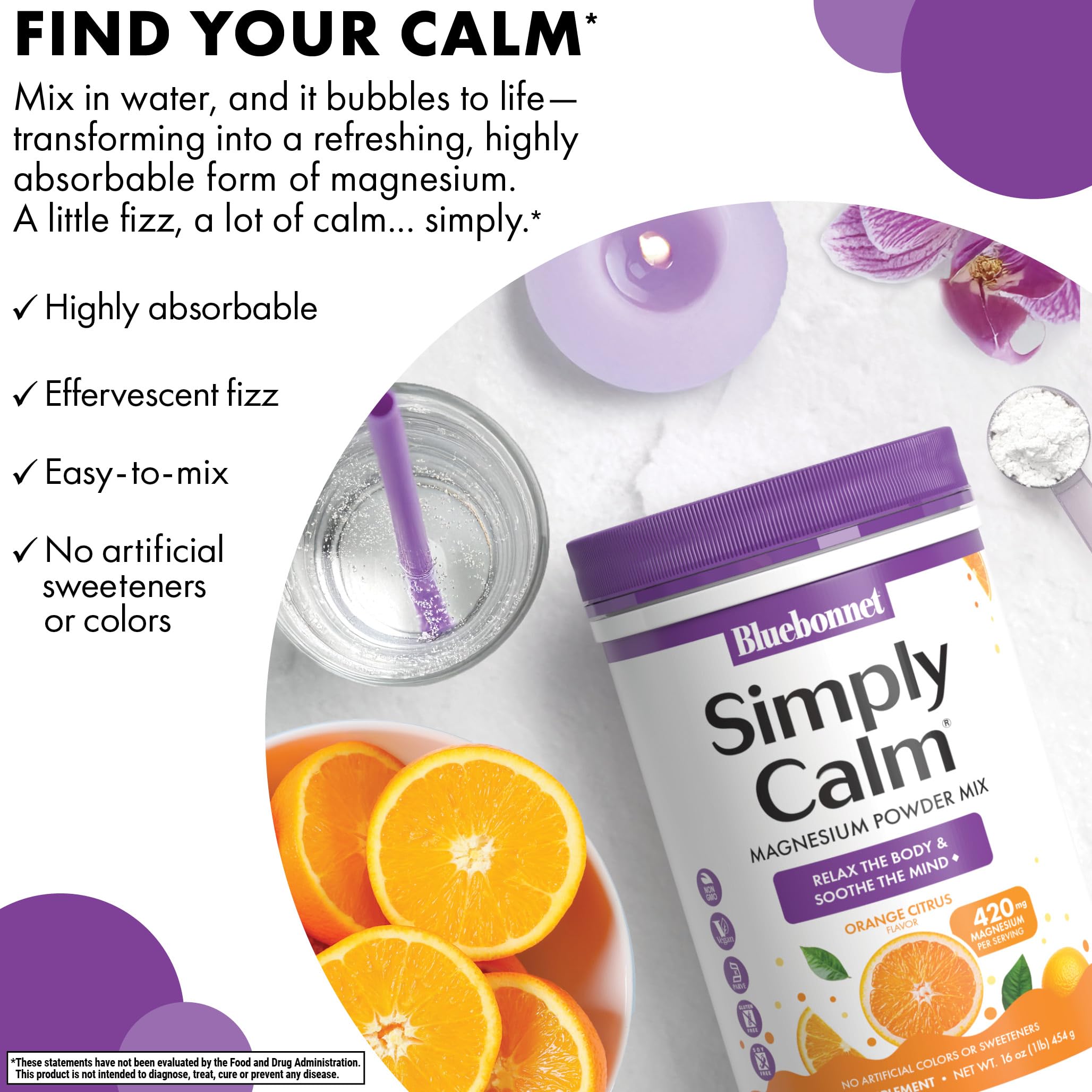 BlueBonnet Simply Calm Powder in a glass of water
