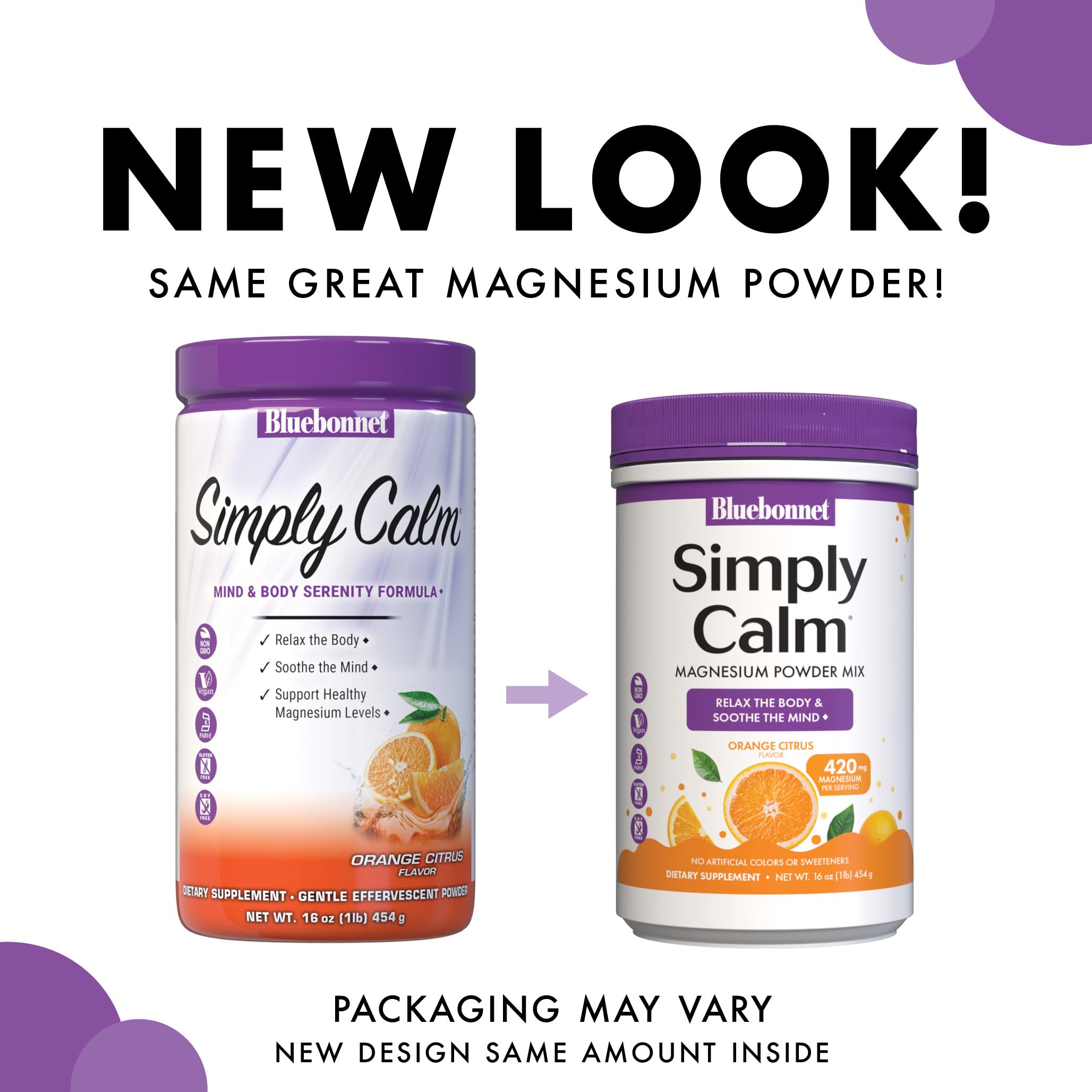 BlueBonnet Simply Calm Powder packaging with orange citrus flavour