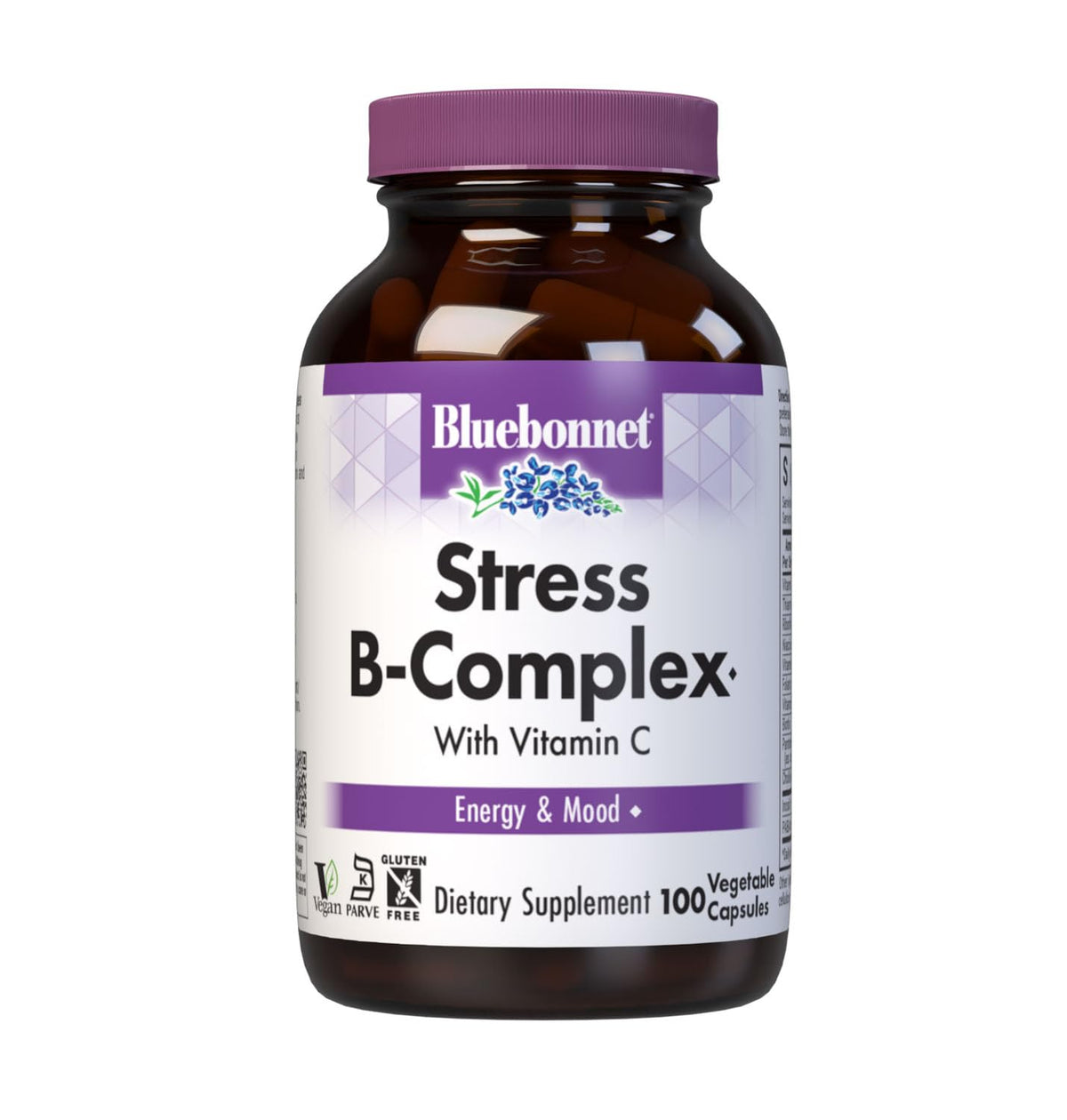 BlueBonnet Stress B-Complex Capsules front view with 100 vegetable capsules