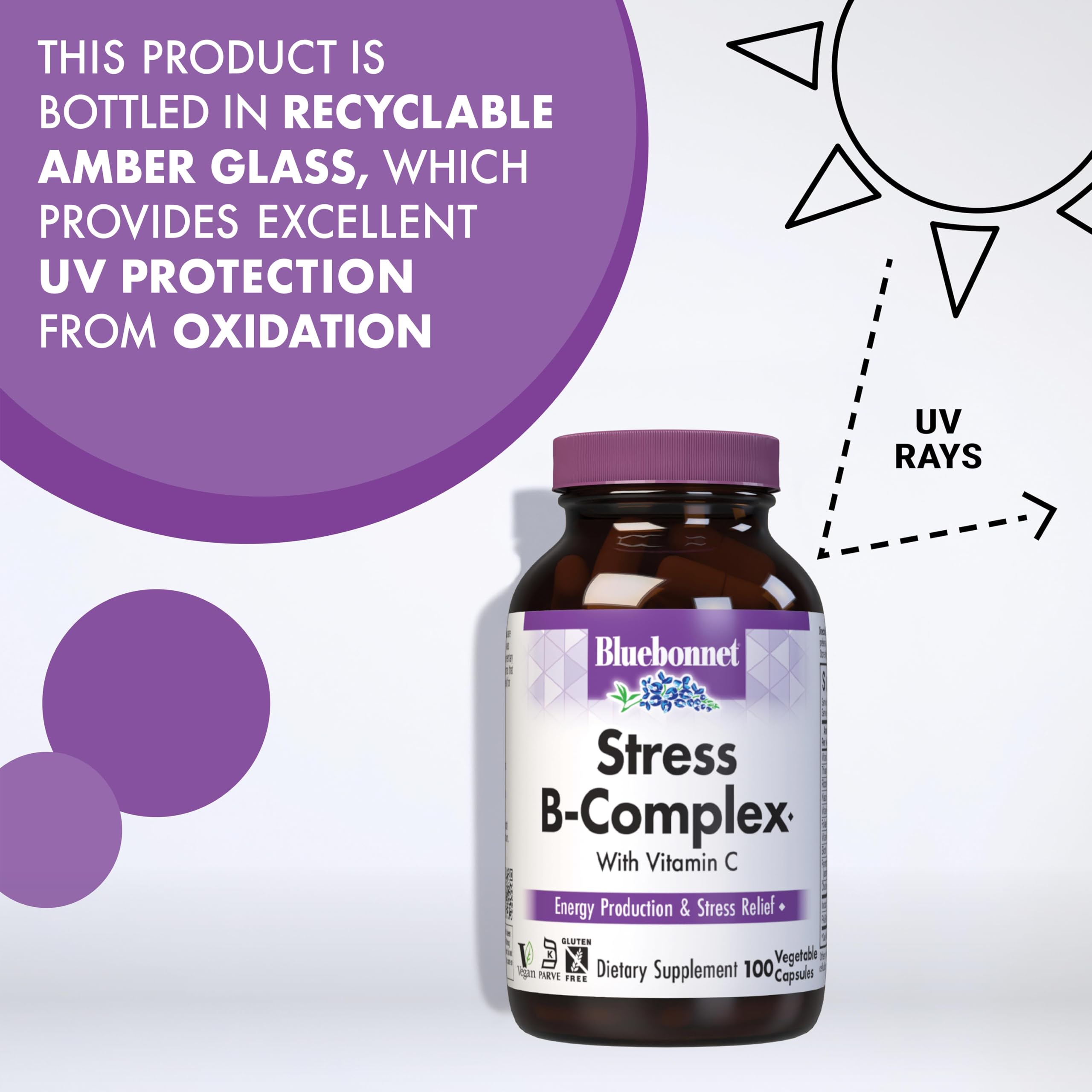 BlueBonnet Stress B-Complex Capsules with a measuring spoon for dosage