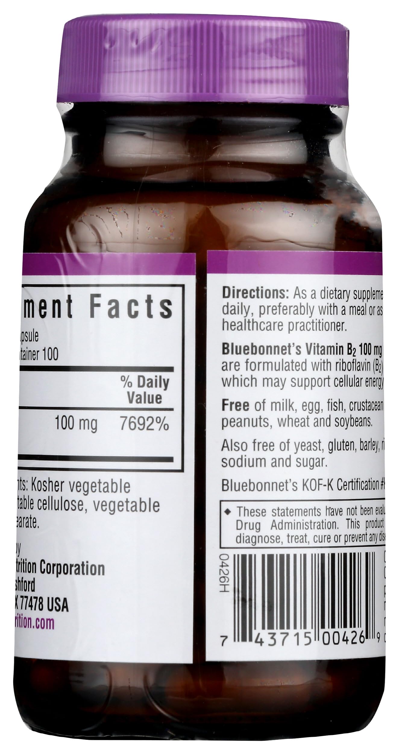 BlueBonnet Vitamin B2 100 mg Capsules opened bottle