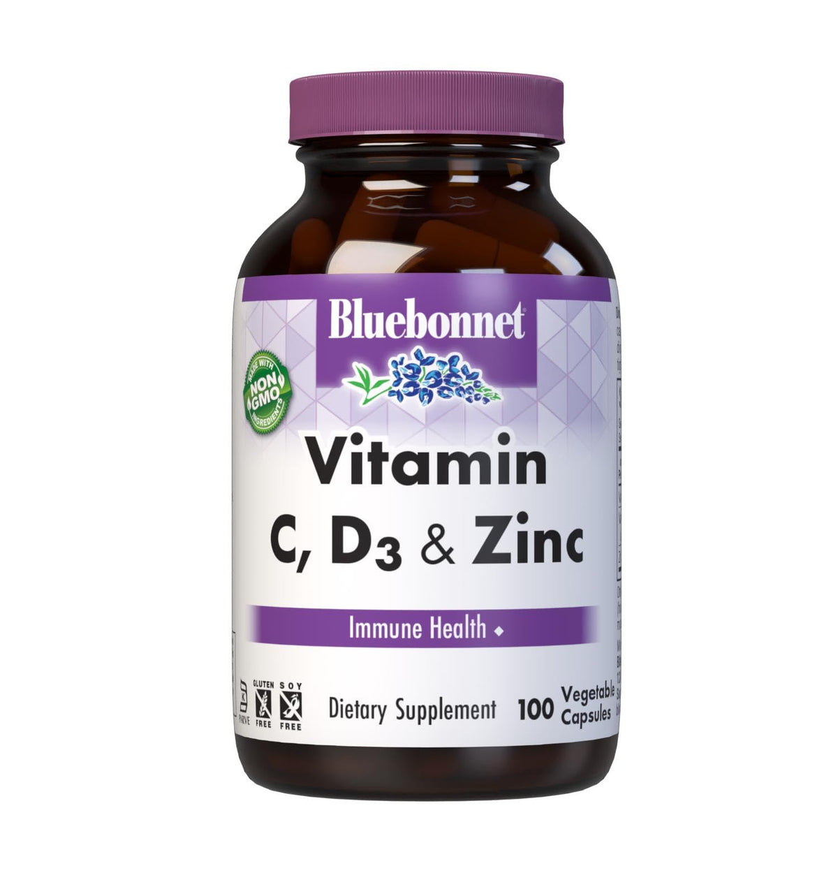 BlueBonnet Vitamin C D3 Zinc 100 Vegetable Capsules front view
