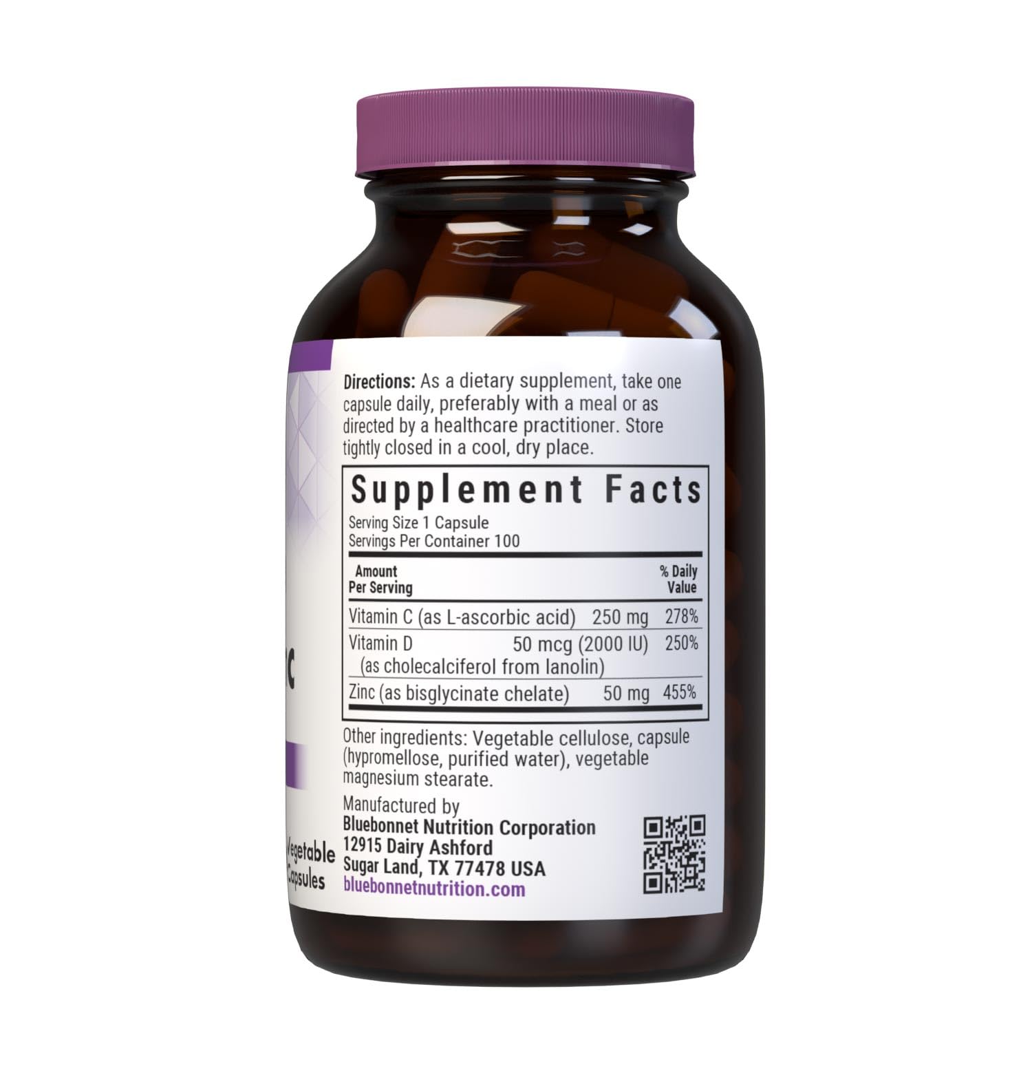 BlueBonnet Vitamin C D3 Zinc 100 Vegetable Capsules side view