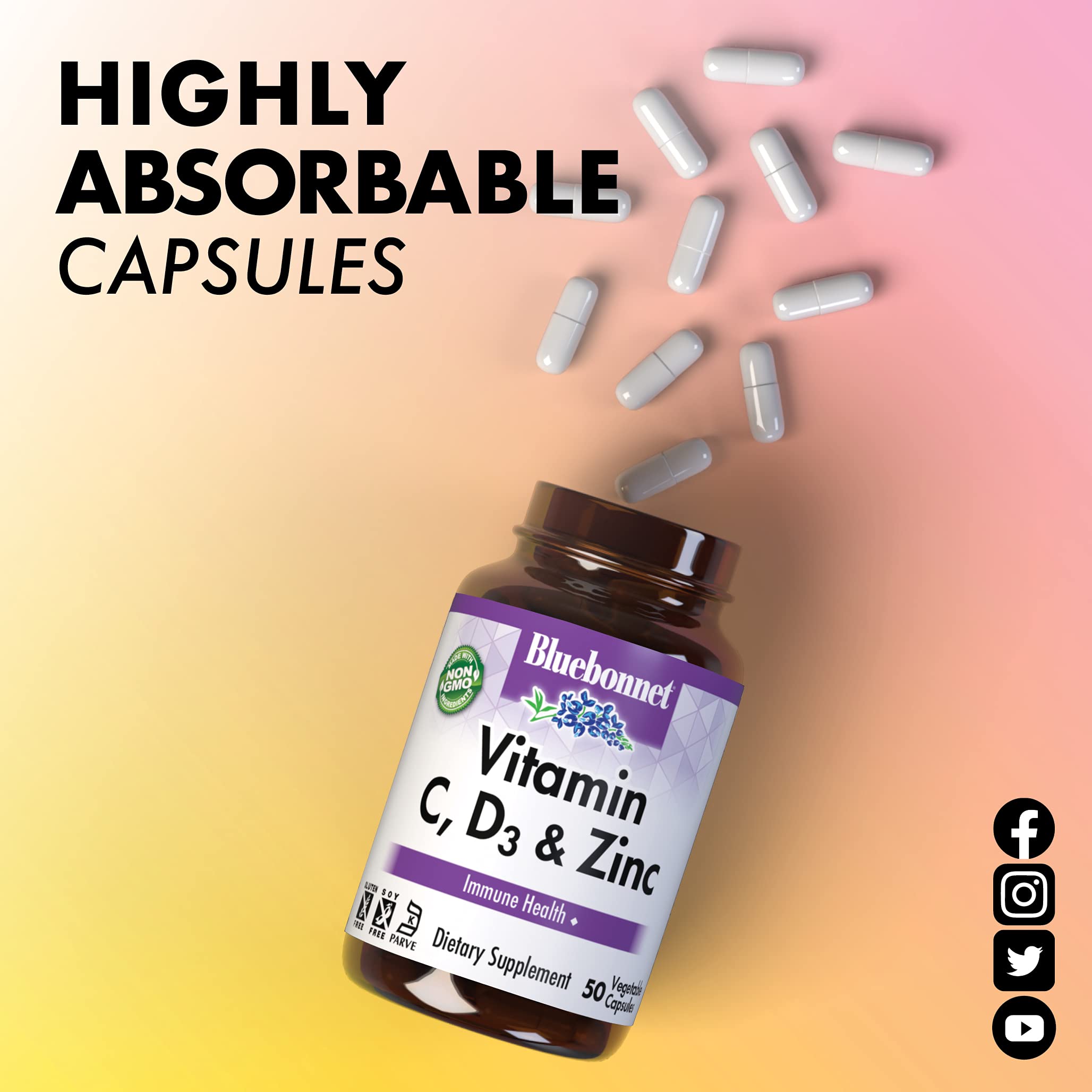 BlueBonnet Vitamin C D3 Zinc 100 Vegetable Capsules with a measuring spoon