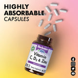 BlueBonnet Vitamin C D3 Zinc 100 Vegetable Capsules with a measuring spoon