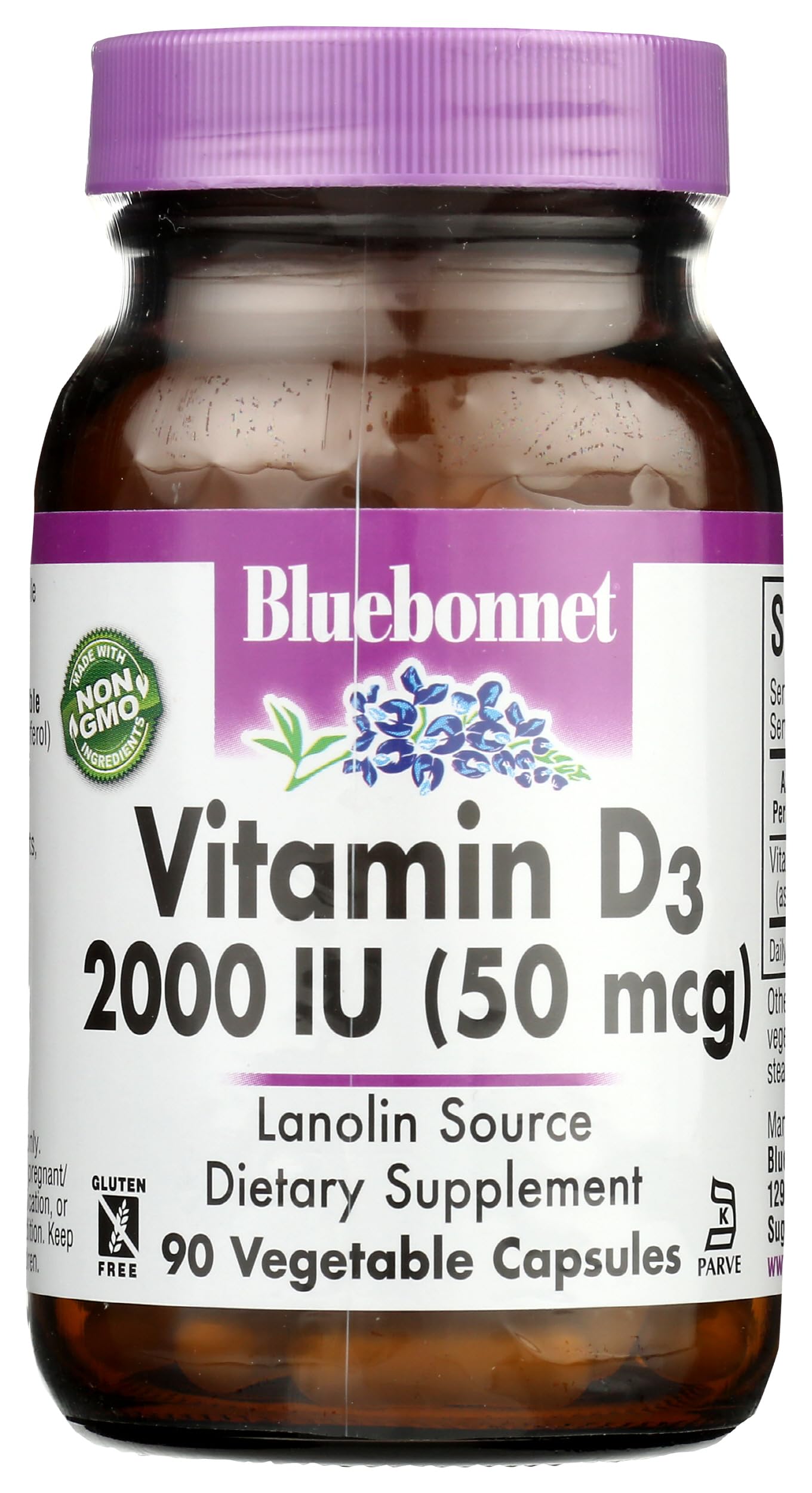 BlueBonnet Vitamin D3 2000 IU Vegetable Capsules back label with ingredients