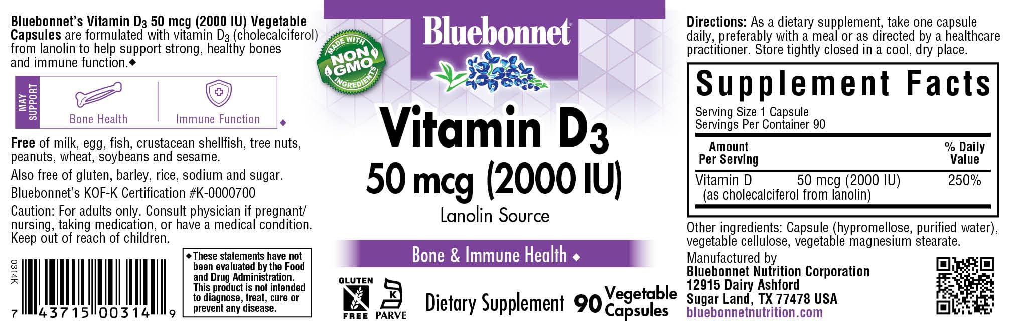BlueBonnet Vitamin D3 2000 IU Vegetable Capsules bottle side view