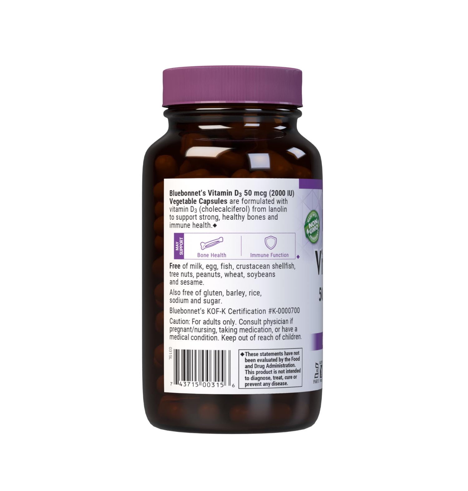 BlueBonnet Vitamin D3 2000 IU Vegetable Capsules packaging display