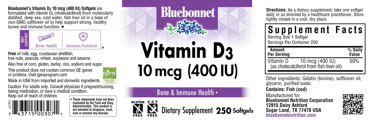 BlueBonnet Vitamin D3 400 IU Softgels packaging side view