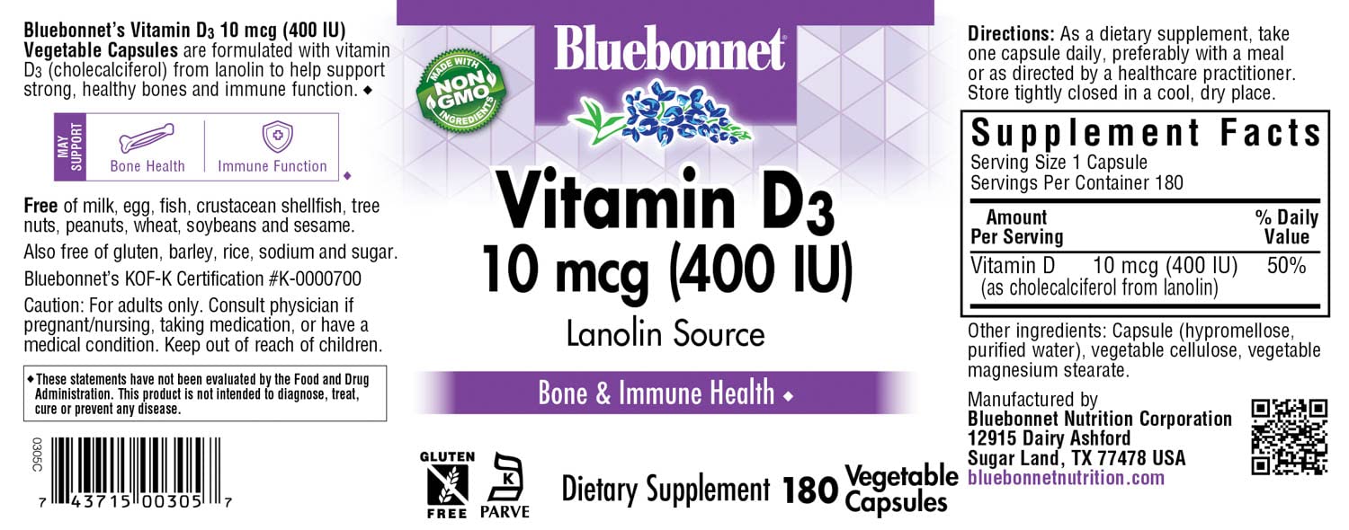 BlueBonnet Vitamin D3 400 IU Vegetable Capsules on a wooden table