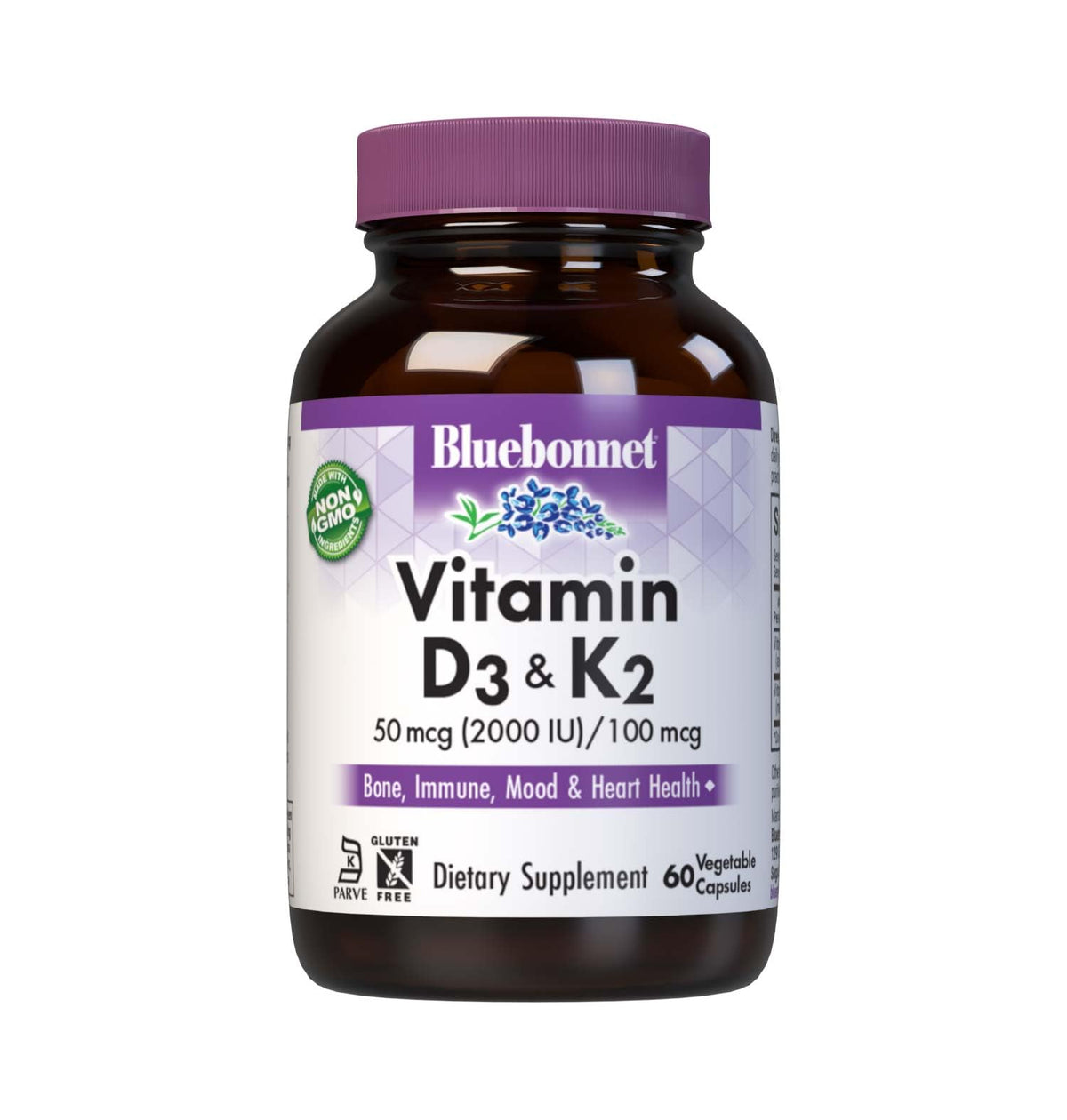 BlueBonnet Vitamin D3 & K2 Vegetable Capsules front view