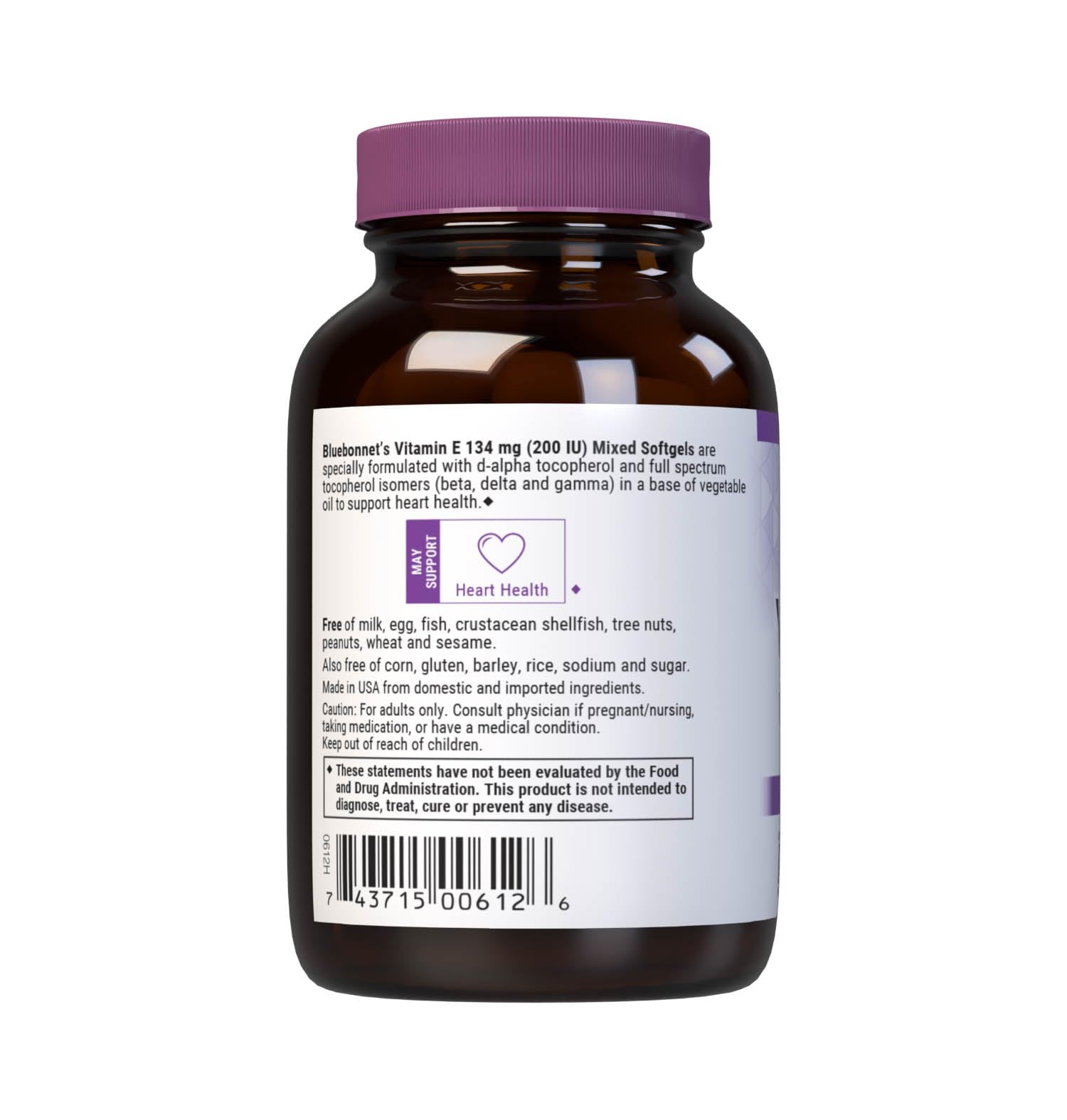 BlueBonnet Vitamin E 200 IU softgels back view with ingredient list