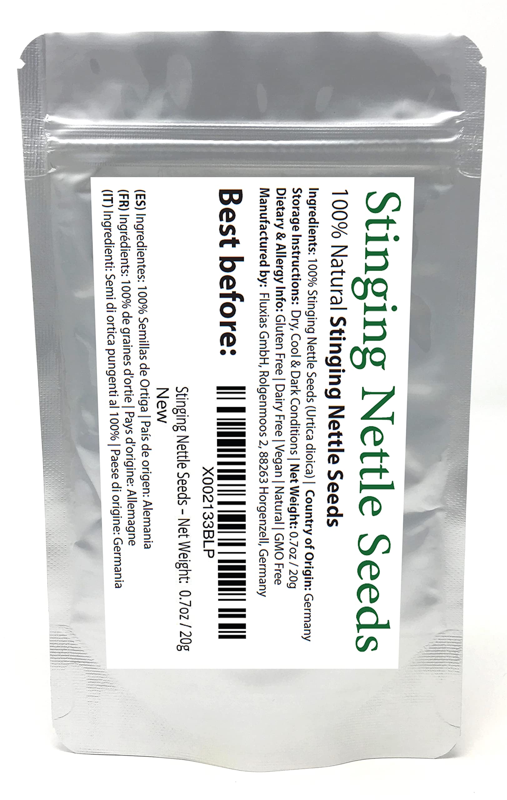 Bluechai Nettle Seeds 20g back view with nutritional information