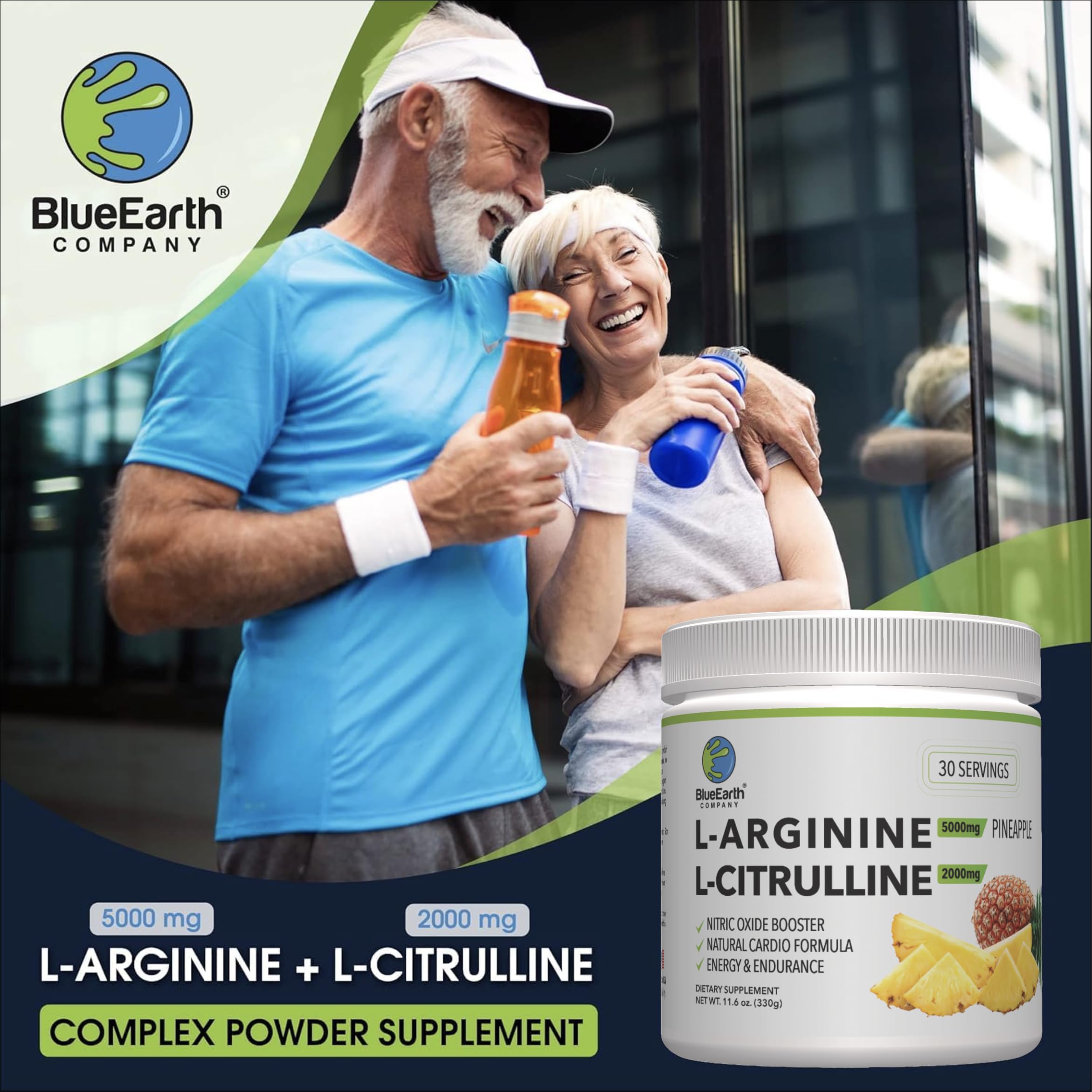 BlueEarth Company L-Arginine Drink Mix 5000mg powder in a glass