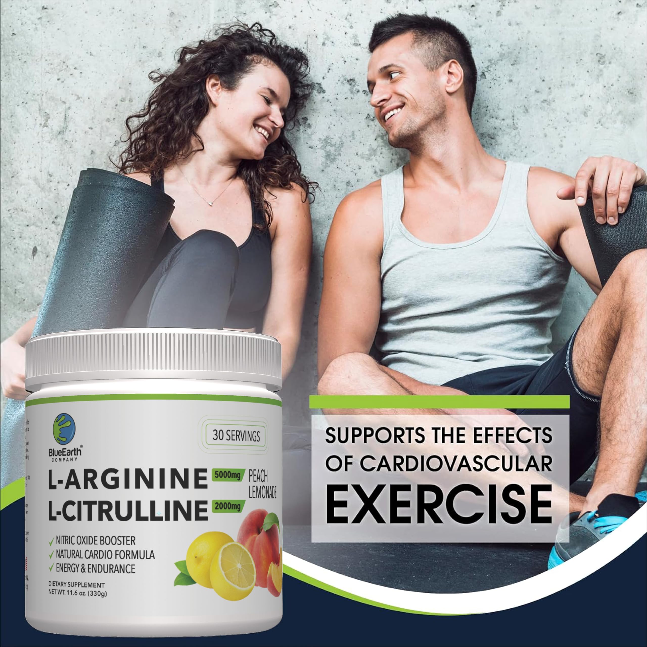 BlueEarth Company L-Arginine Drink Mix 5000mg powder in a glass of water