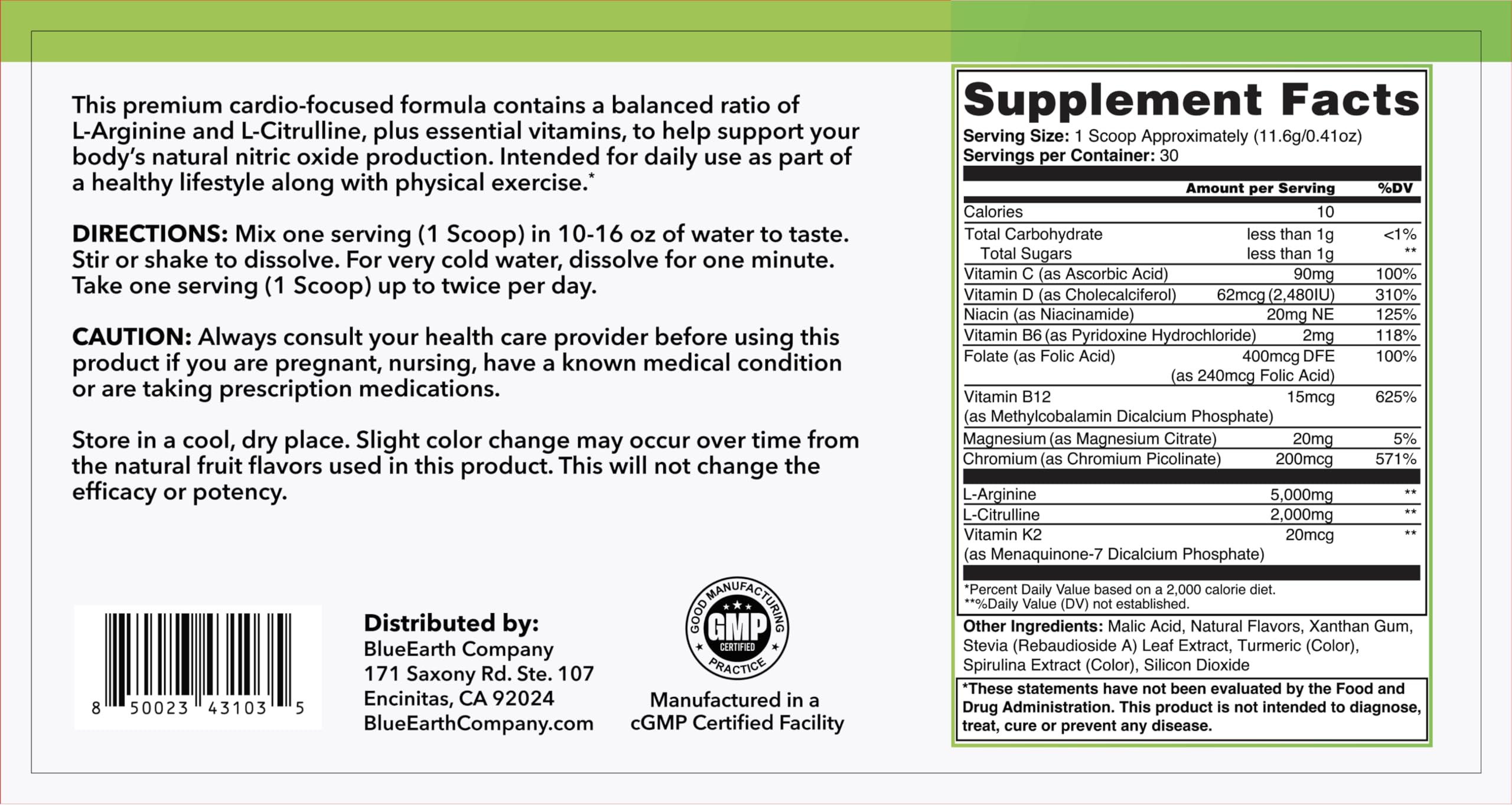 BlueEarth Company L-Arginine Drink Mix powder in a glass of water