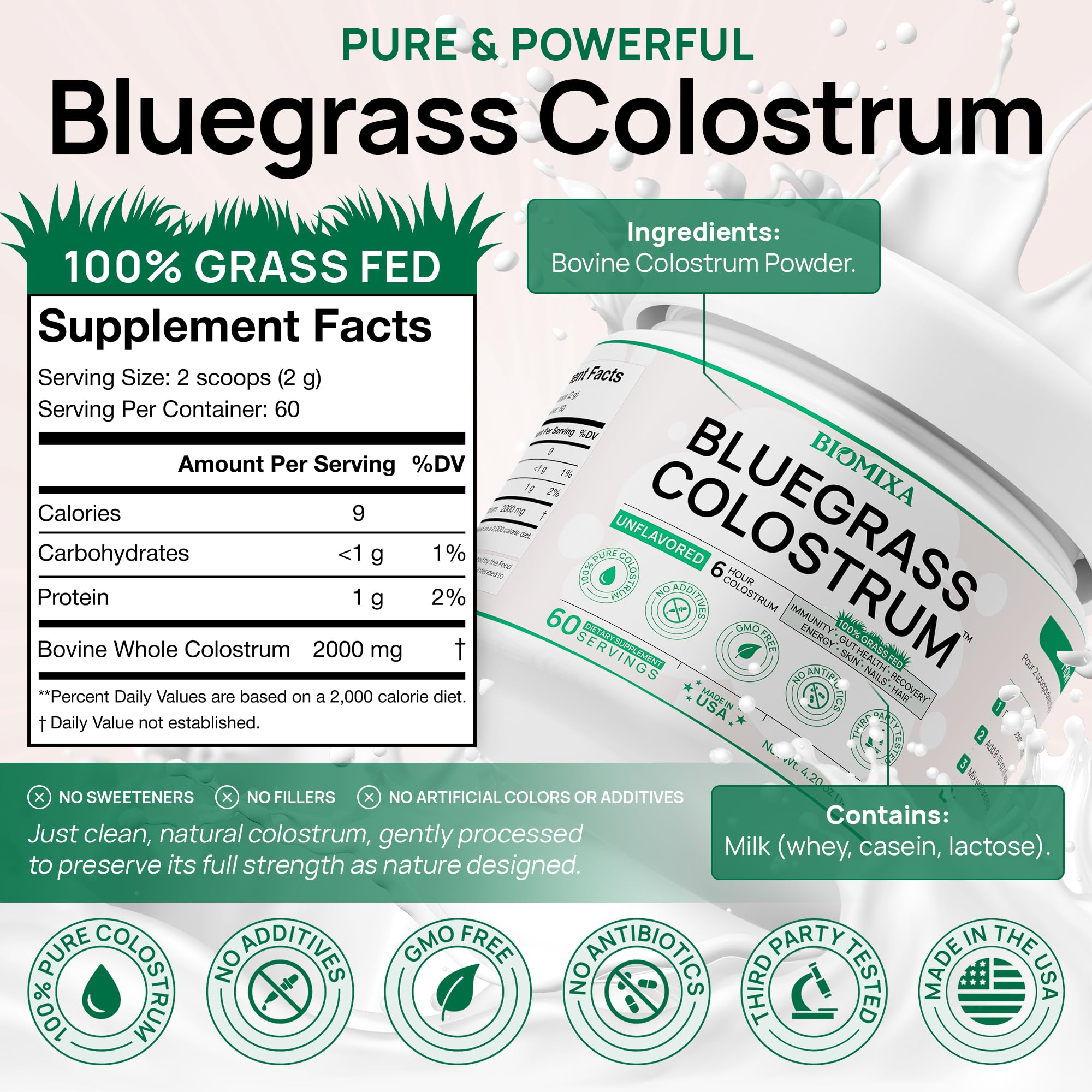 Bluegrass Colostrum 120g side view showing label