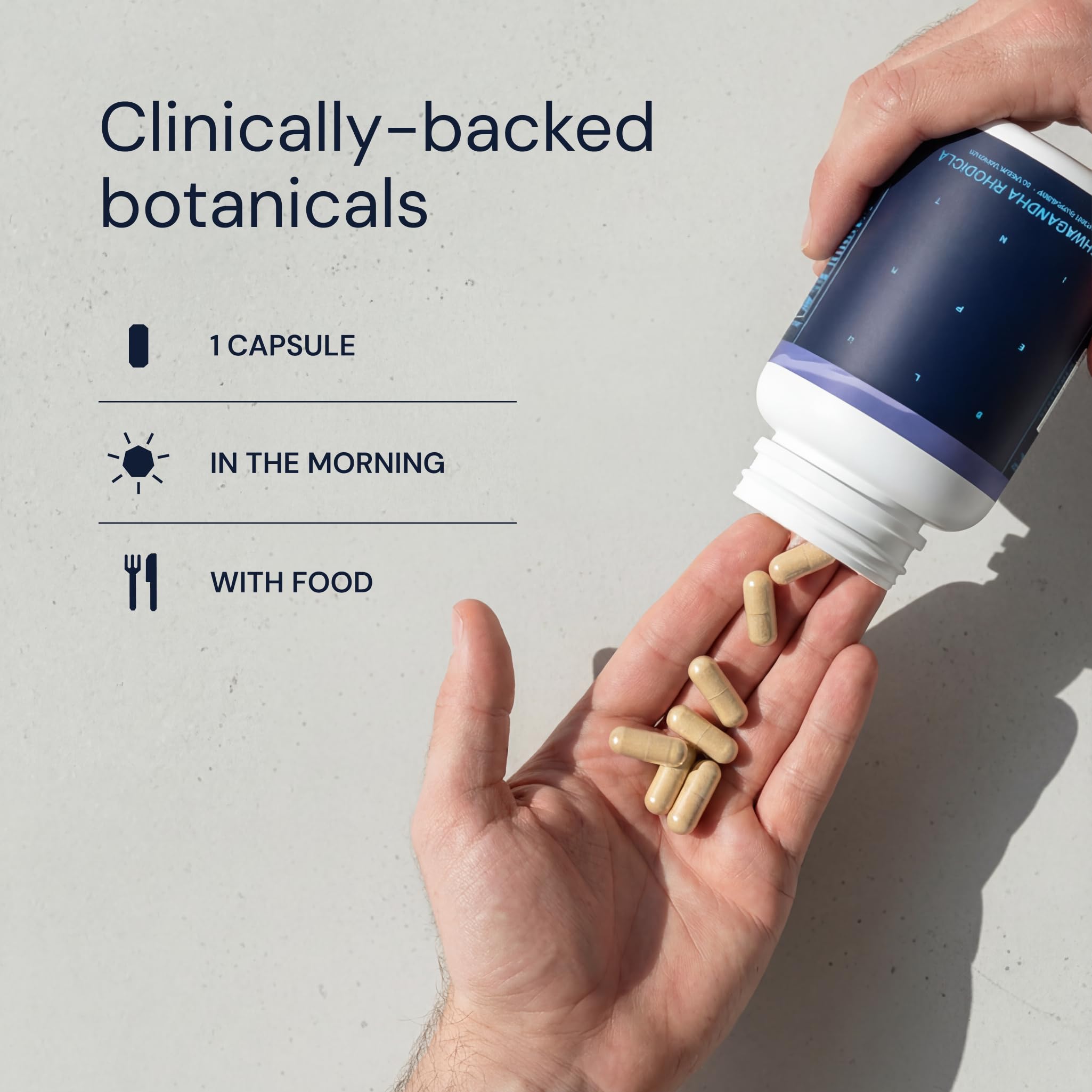 Blueprint Bryan Johnson Ashwagandha & Rhodiola Root Capsules in a hand