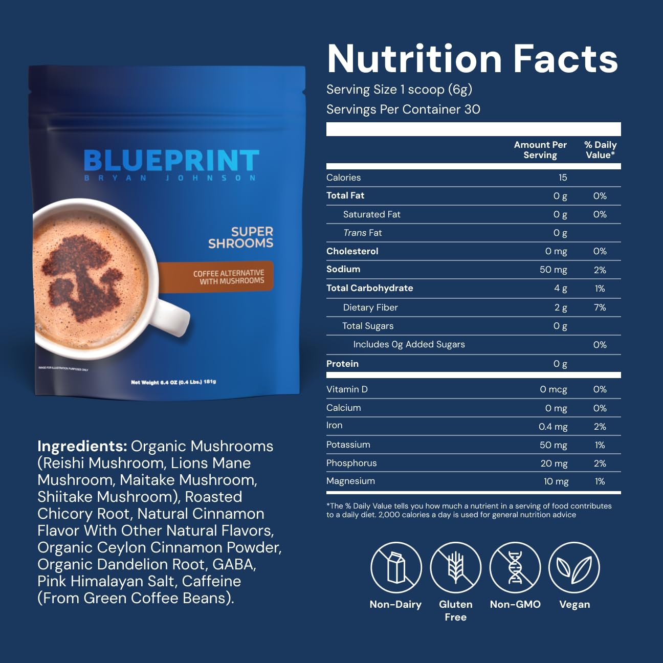 Blueprint Bryan Johnson Super Shroom Coffee scoop with powder