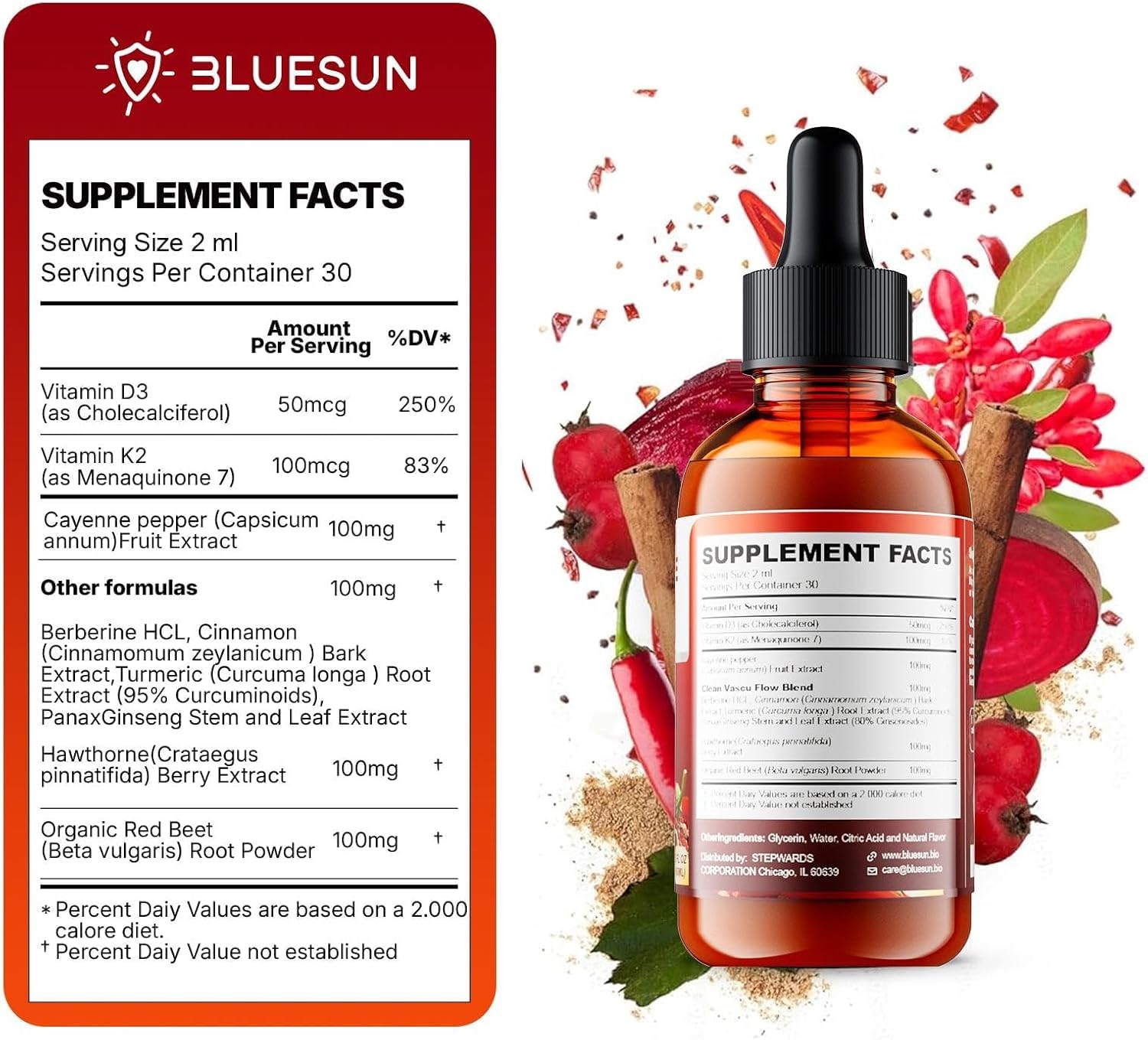Bluesun Cayenne Pepper Liquid Drops 100g back view with ingredients