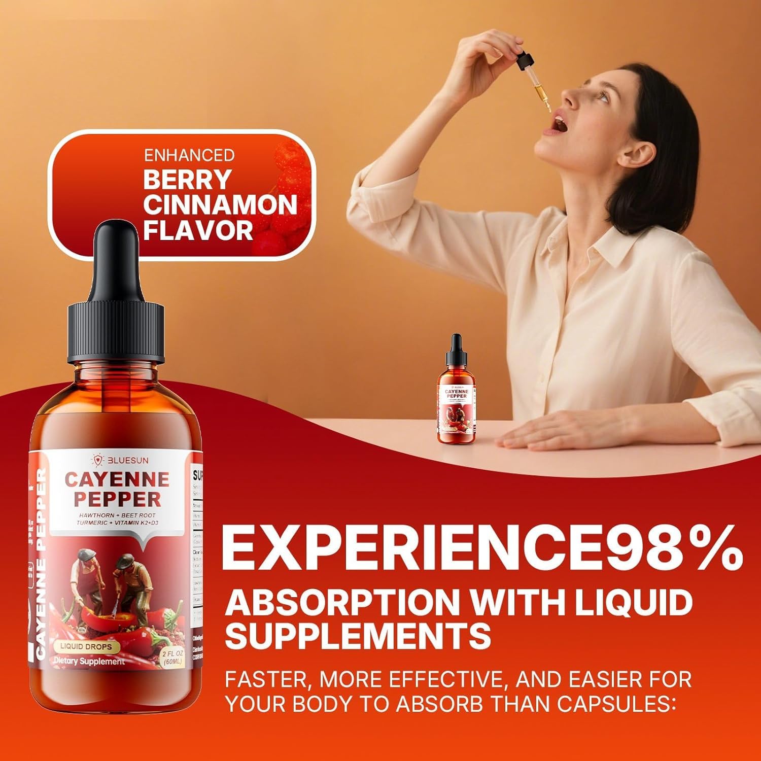 Bluesun Cayenne Pepper Liquid Drops 100g with a glass of water
